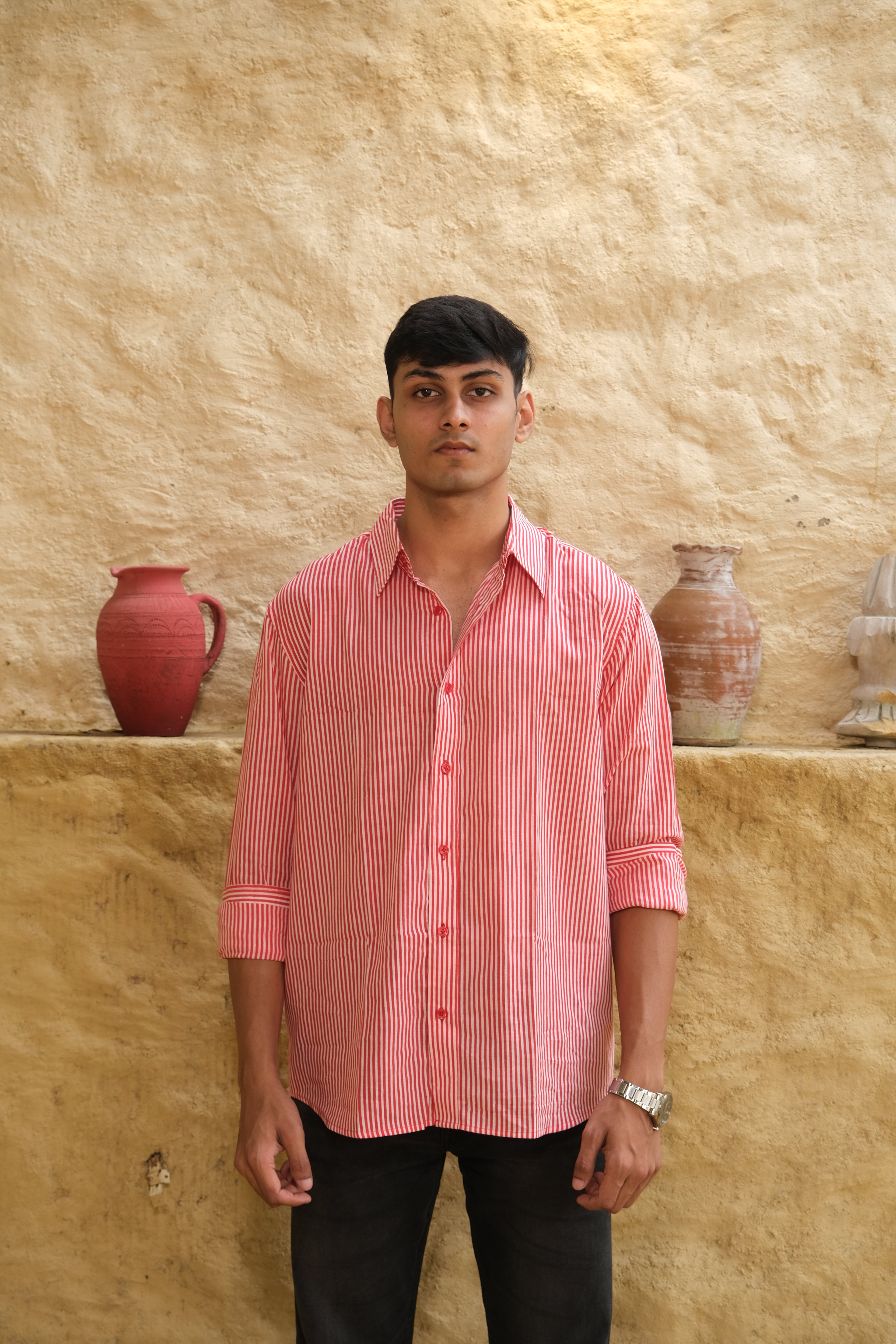 Red Relaxed Fit Striped Shirt – Flowy Cotton - Casual & Everyday Style