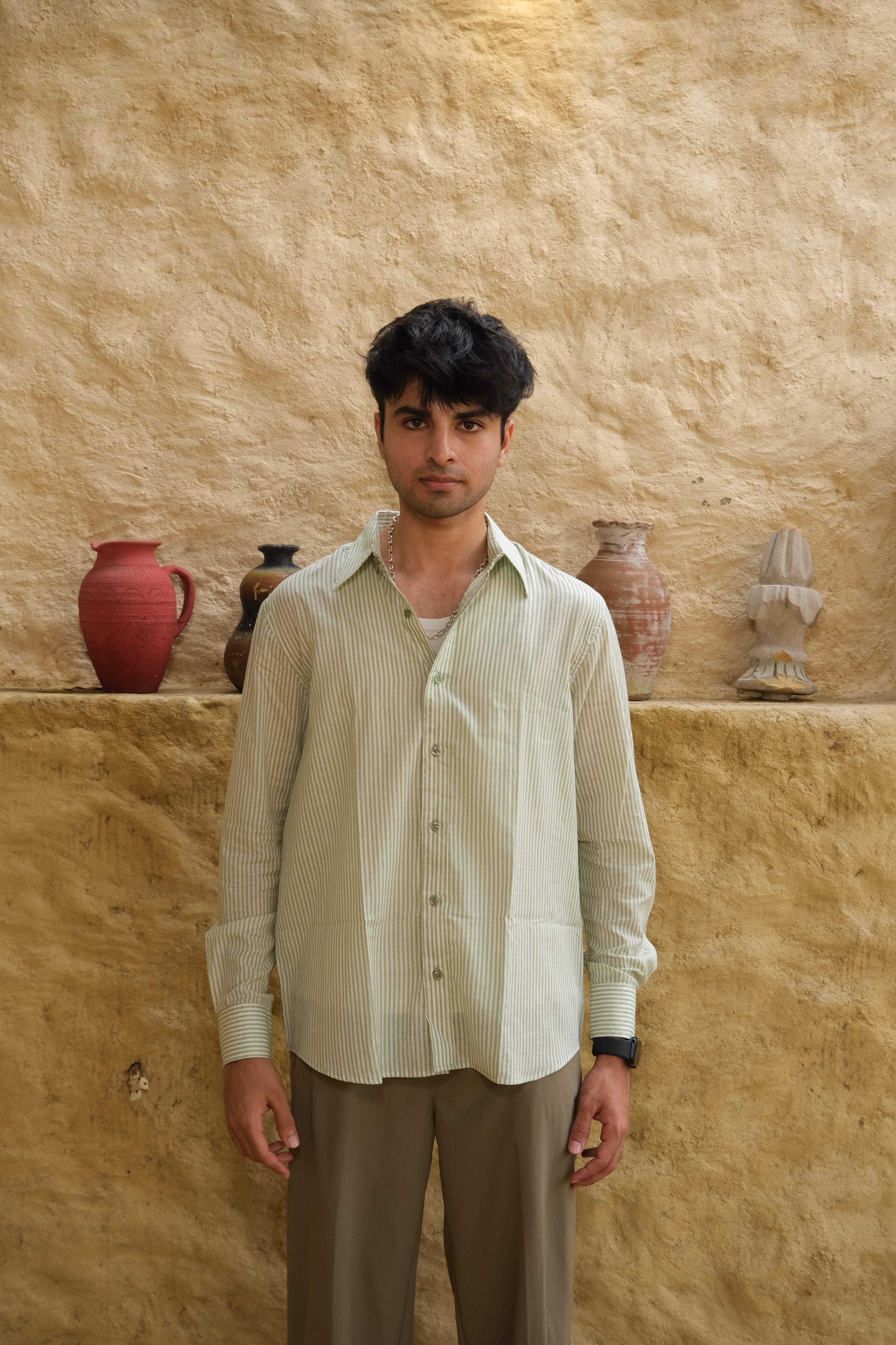 Green Relaxed Fit Striped Shirt – Flowy Cotton - Casual & Everyday Style