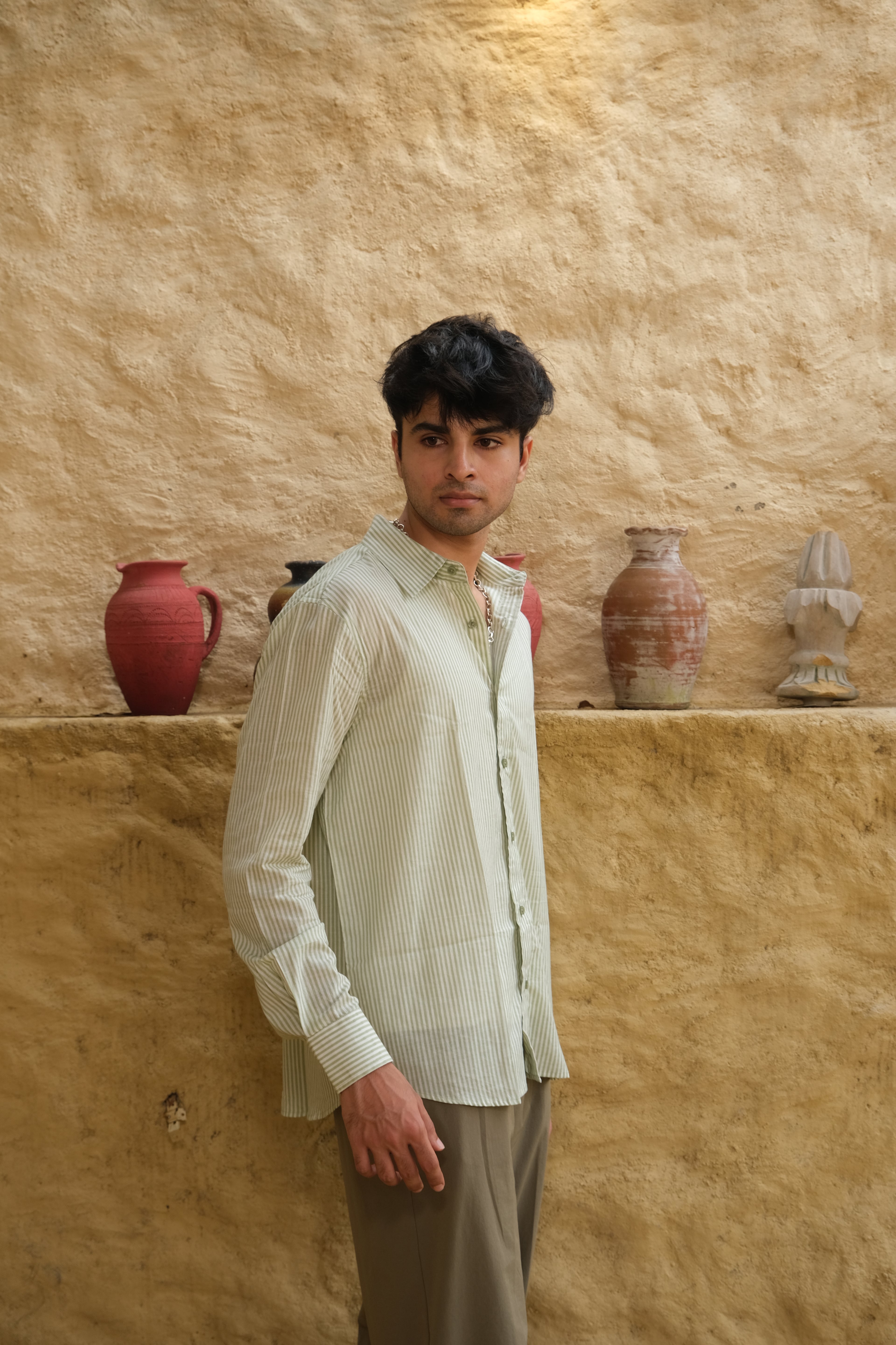 Green Relaxed Fit Striped Shirt – Flowy Cotton - Casual & Everyday Style