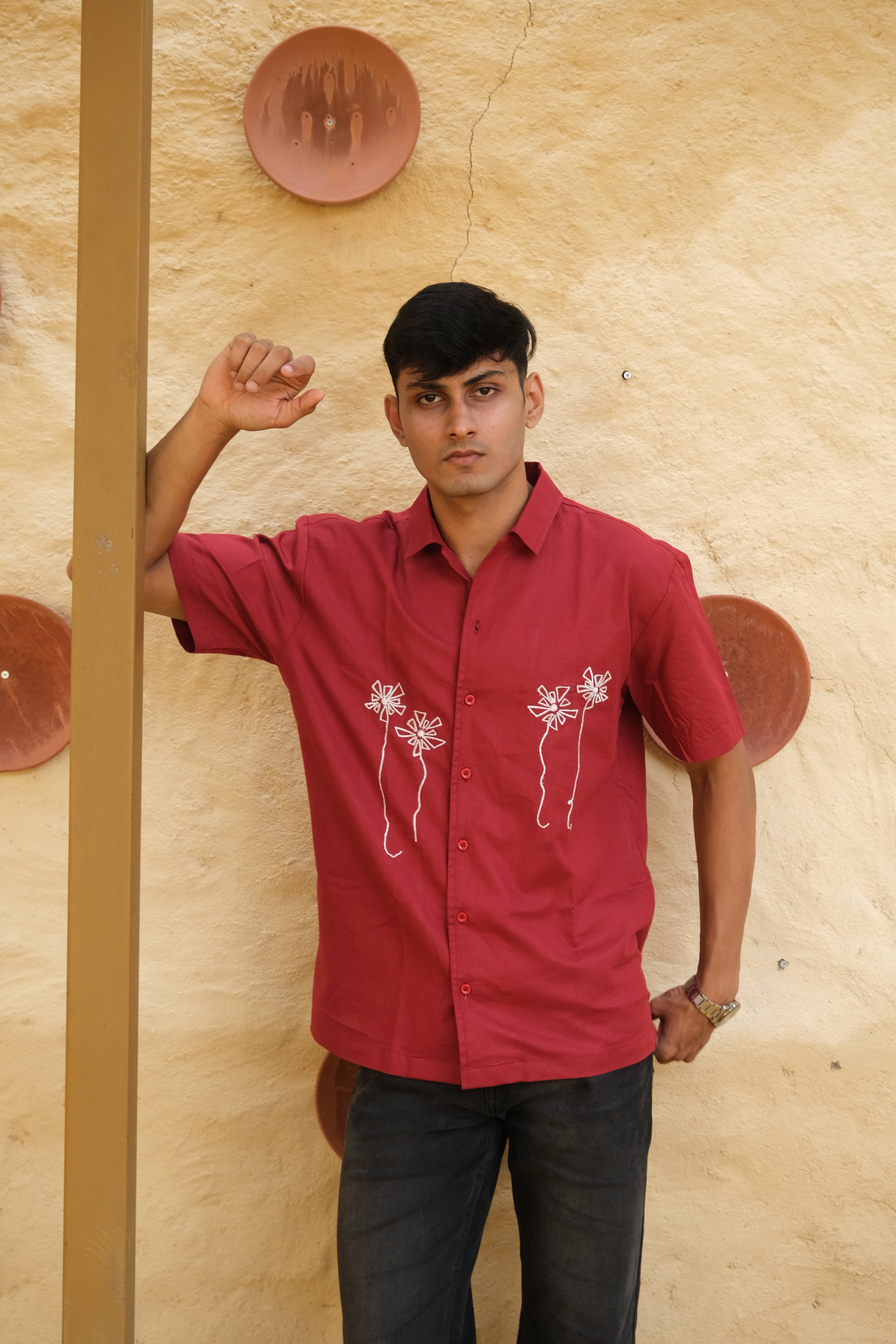 RED HALF SLEEVES EMBROIDED LINEN SHIRT
