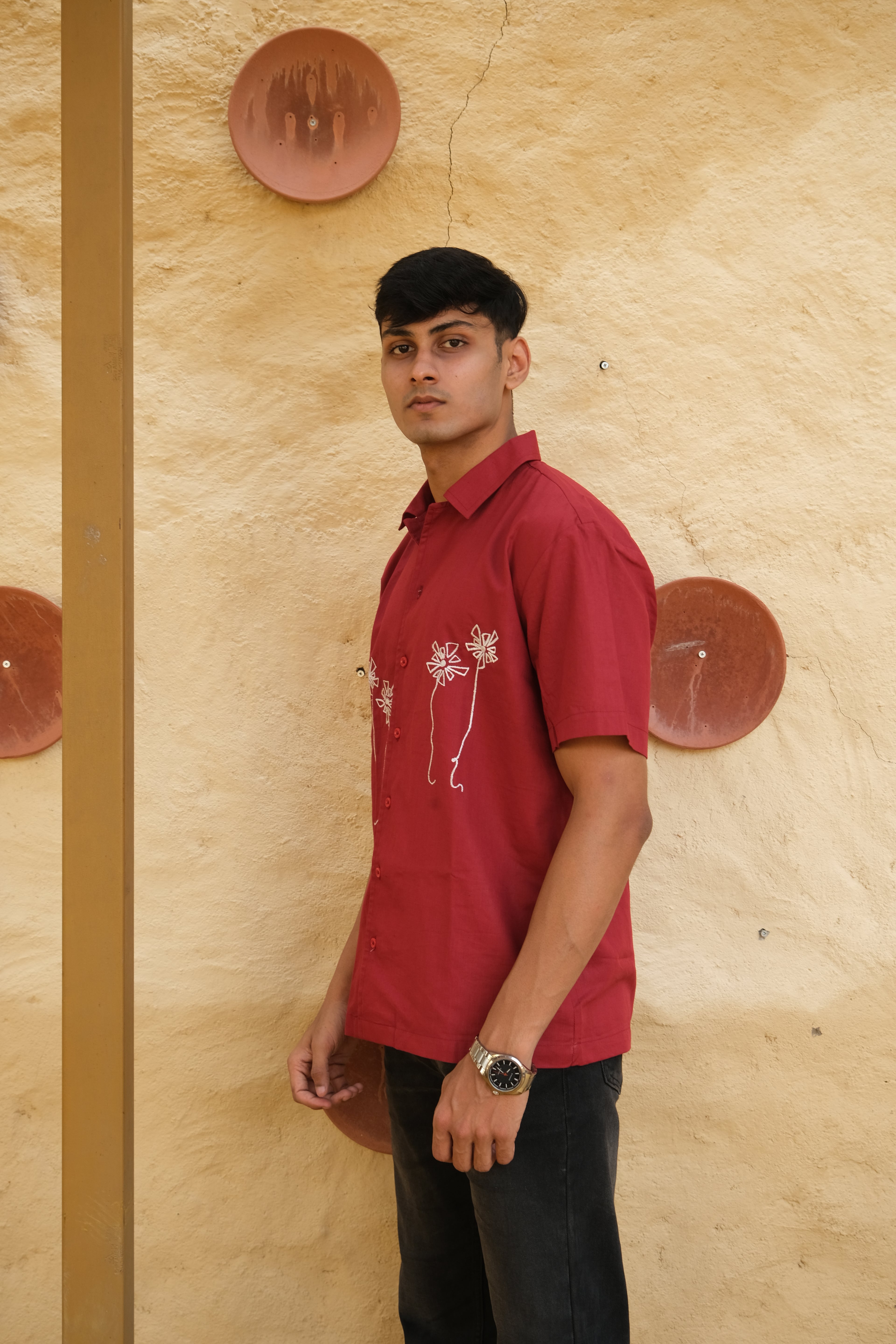 RED HALF SLEEVES EMBROIDED LINEN SHIRT
