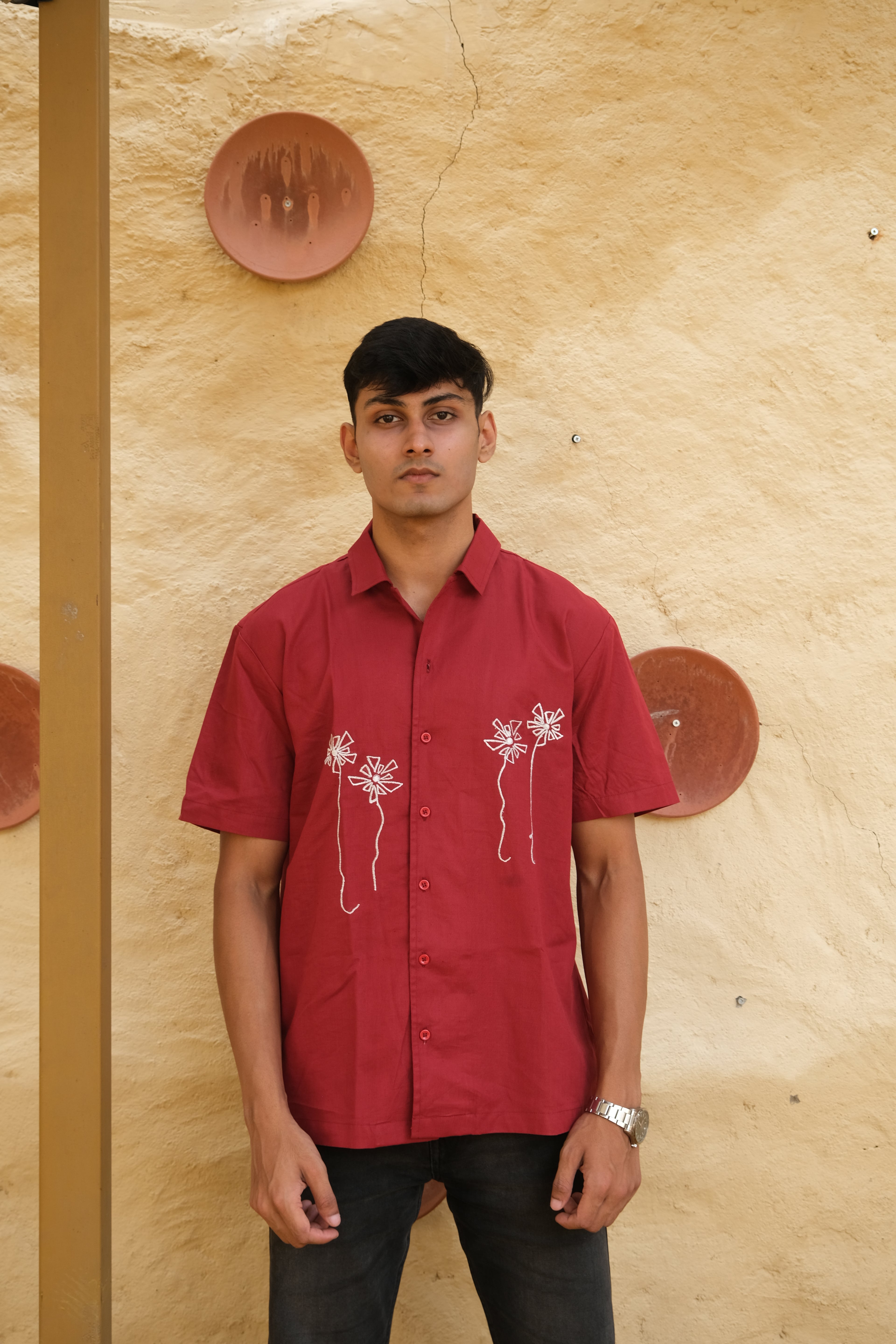 RED HALF SLEEVES EMBROIDED LINEN SHIRT
