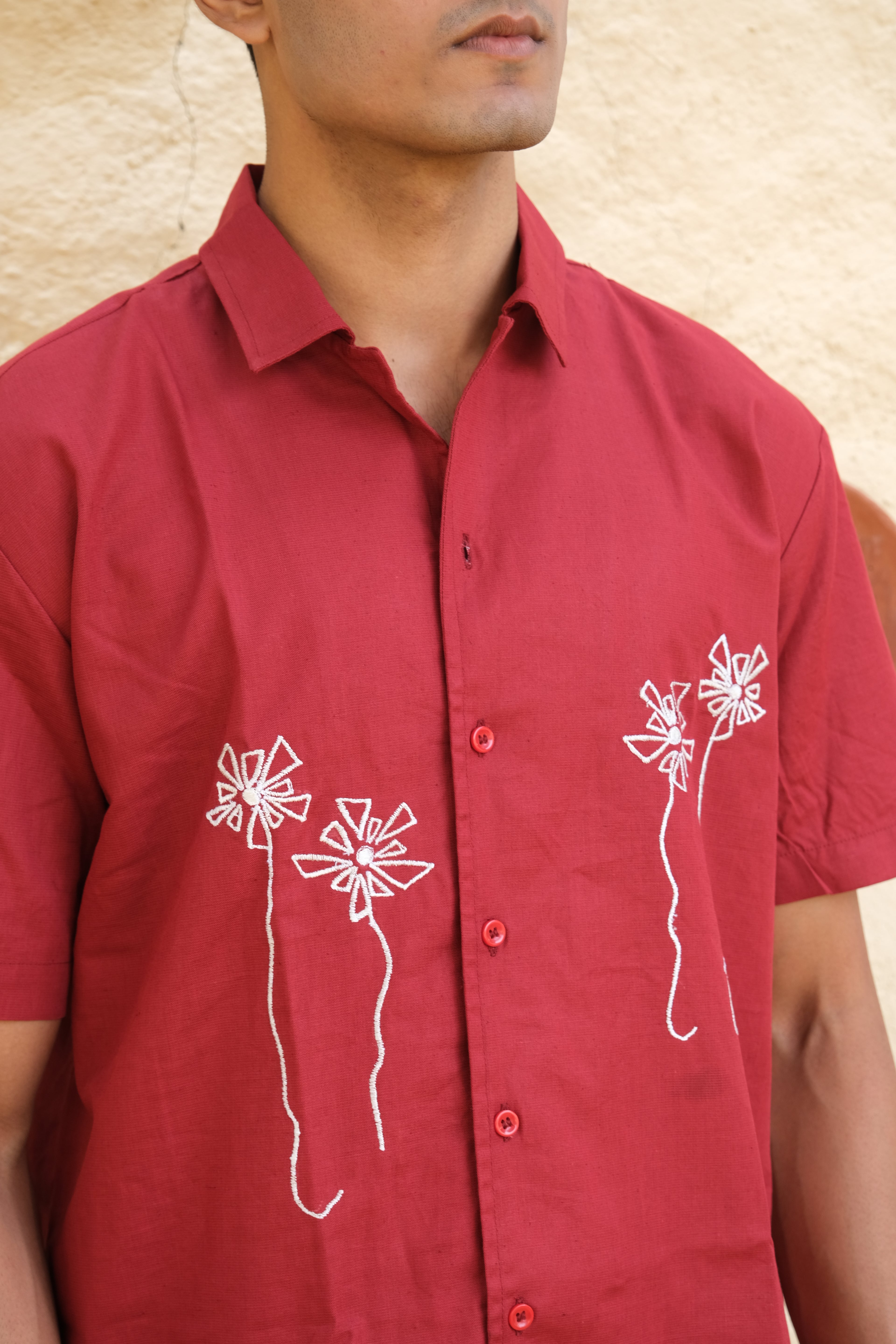 RED HALF SLEEVES EMBROIDED LINEN SHIRT