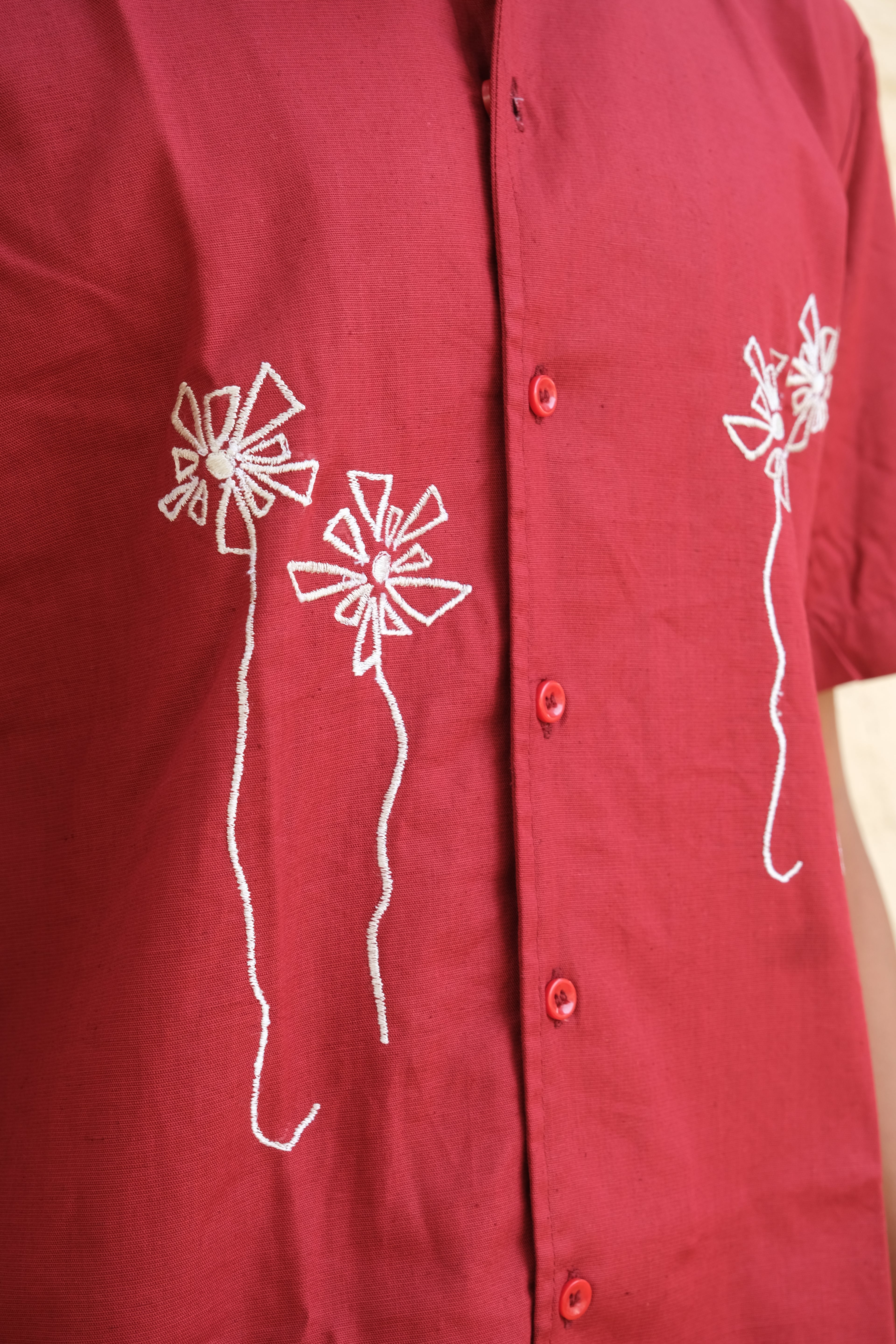 RED HALF SLEEVES EMBROIDED LINEN SHIRT