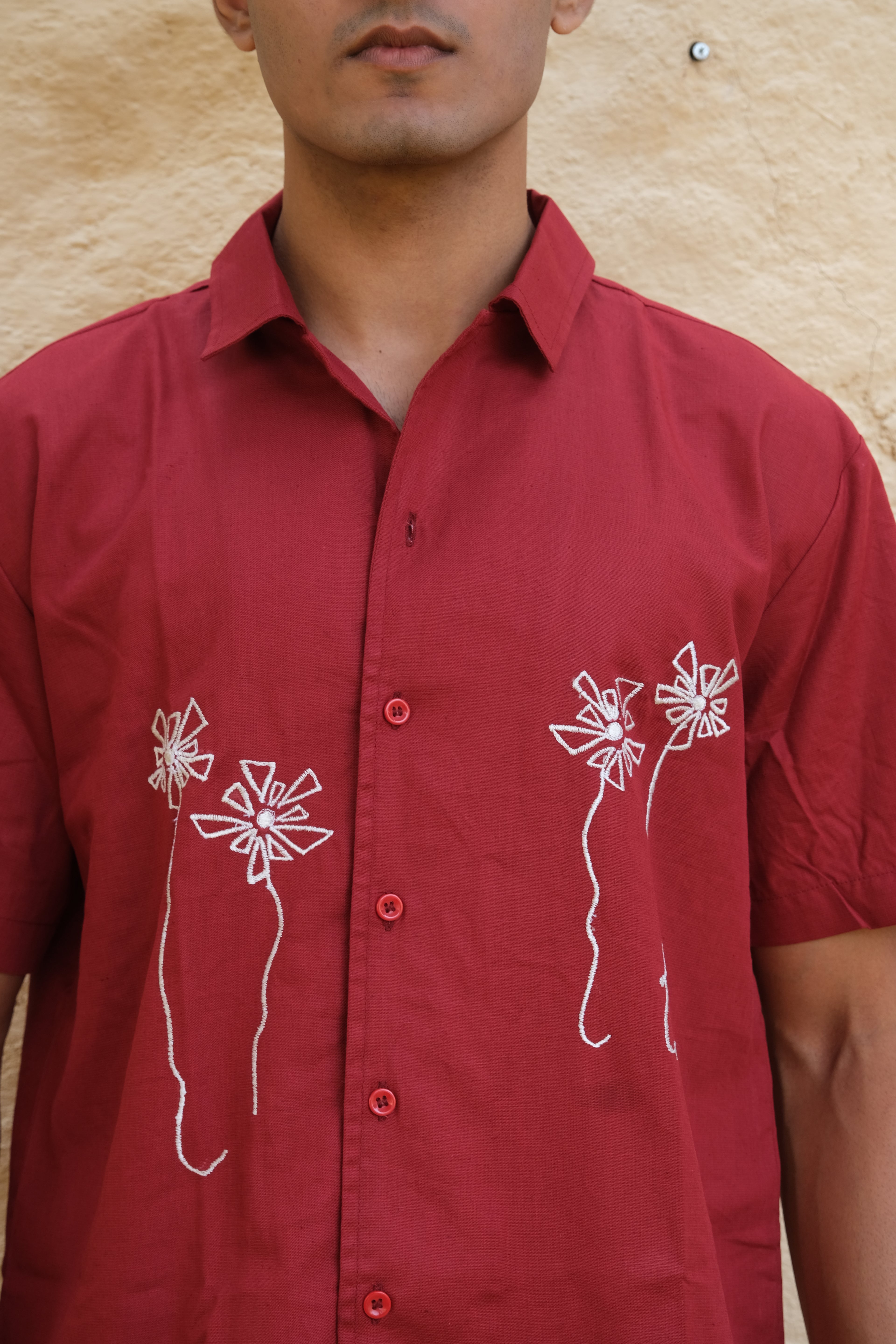 RED HALF SLEEVES EMBROIDED LINEN SHIRT