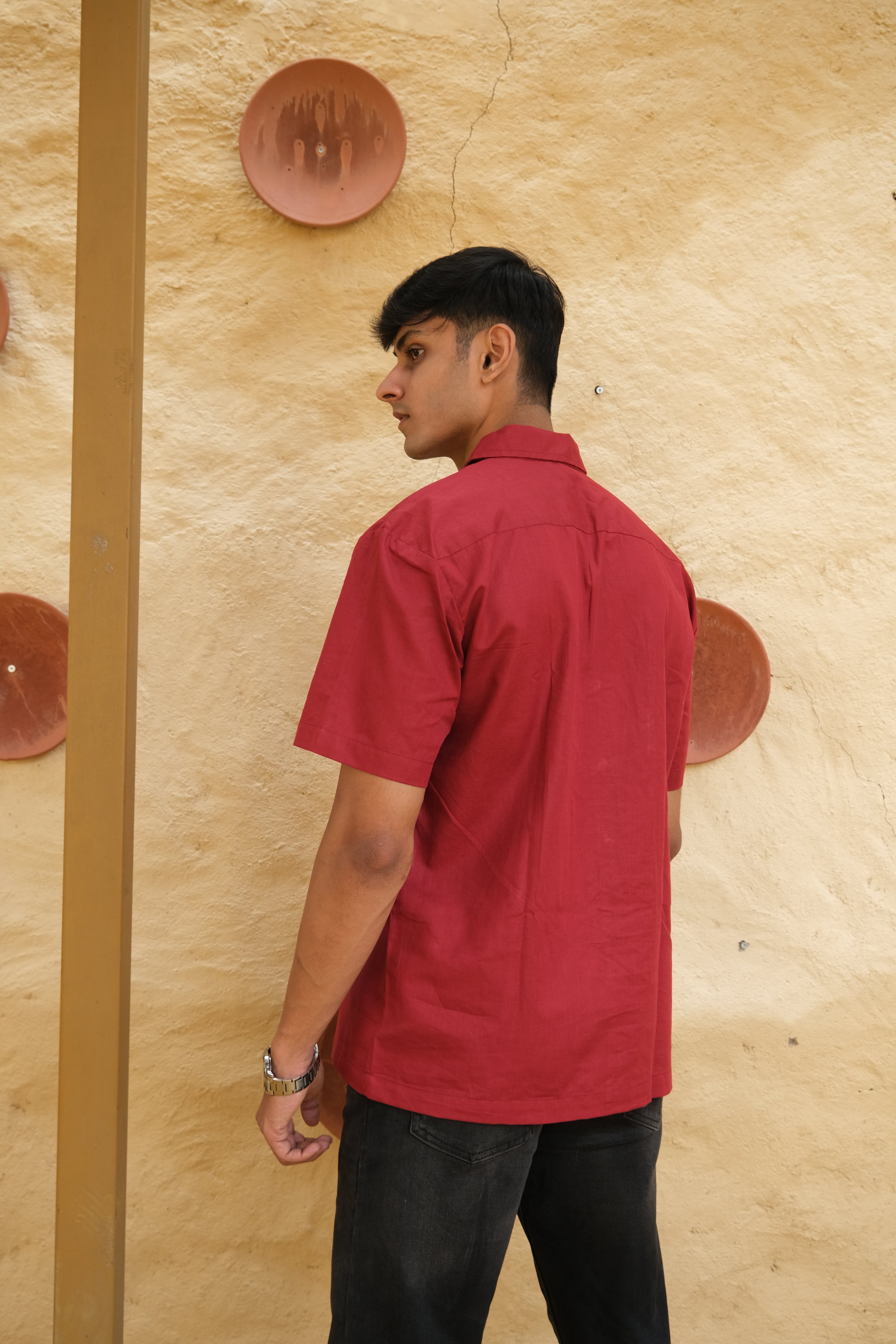 RED HALF SLEEVES EMBROIDED LINEN SHIRT