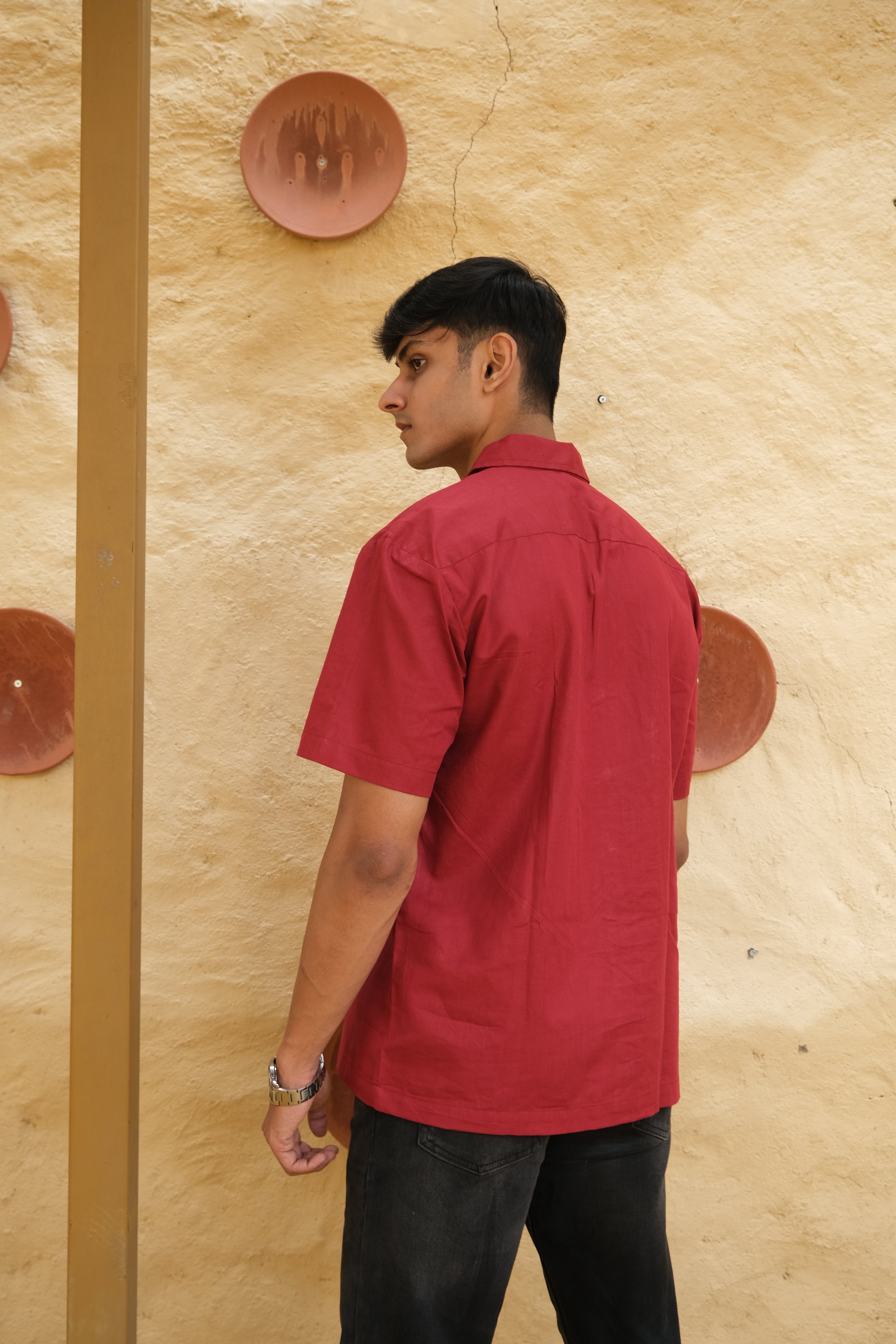 RED HALF SLEEVES EMBROIDED LINEN SHIRT