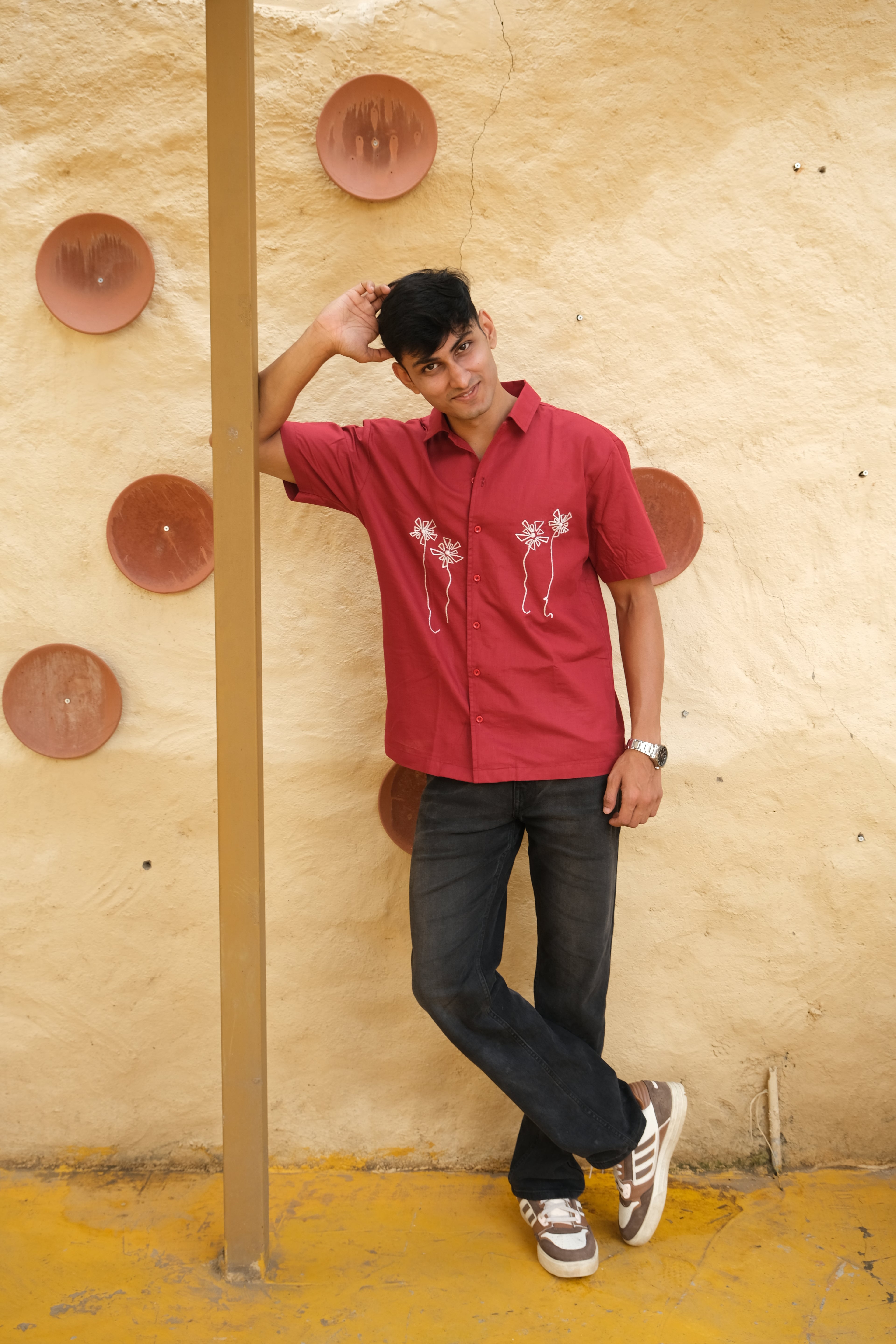 RED HALF SLEEVES EMBROIDED LINEN SHIRT