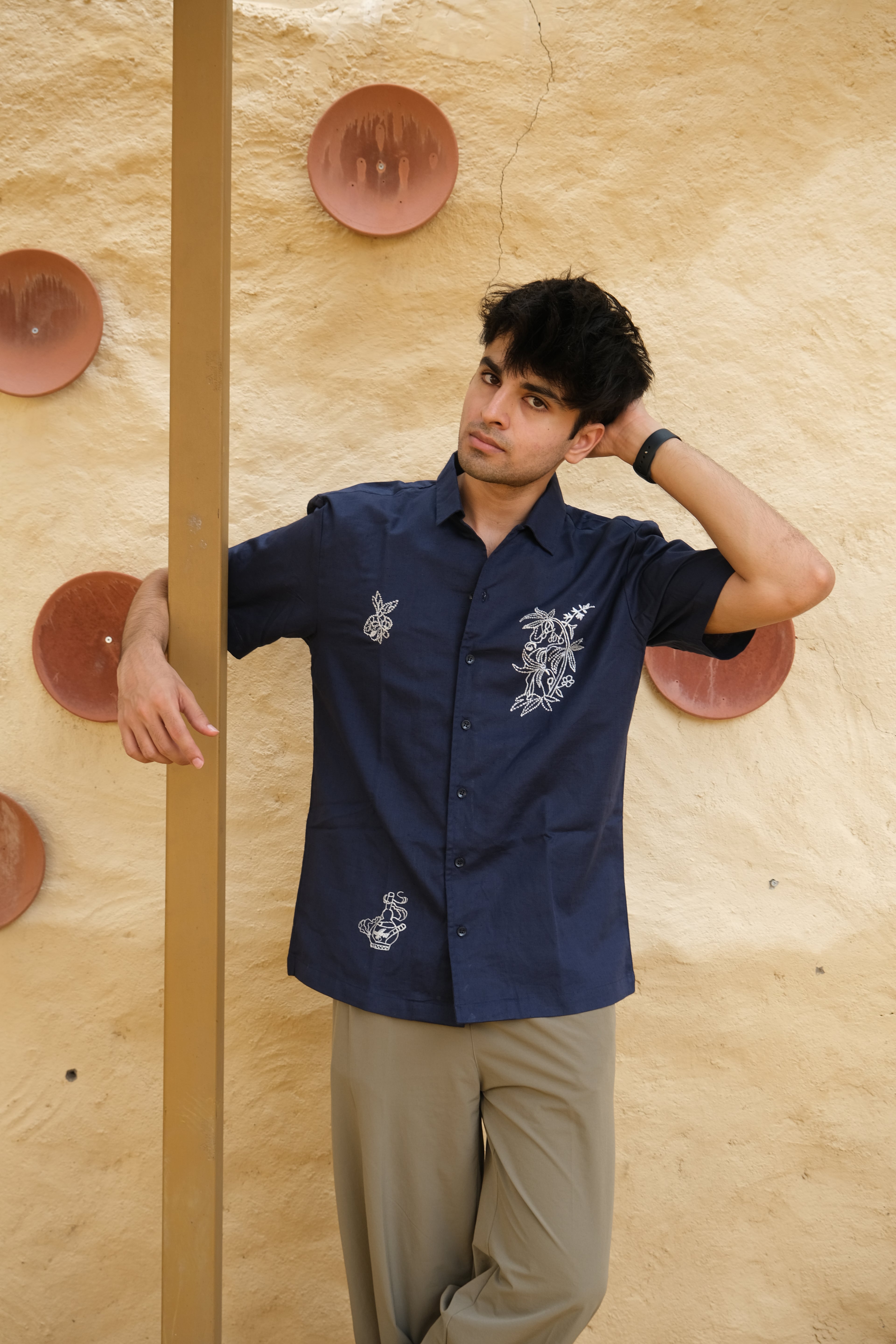 NAVY BLUE EMBROIDED LINEN SHIRT