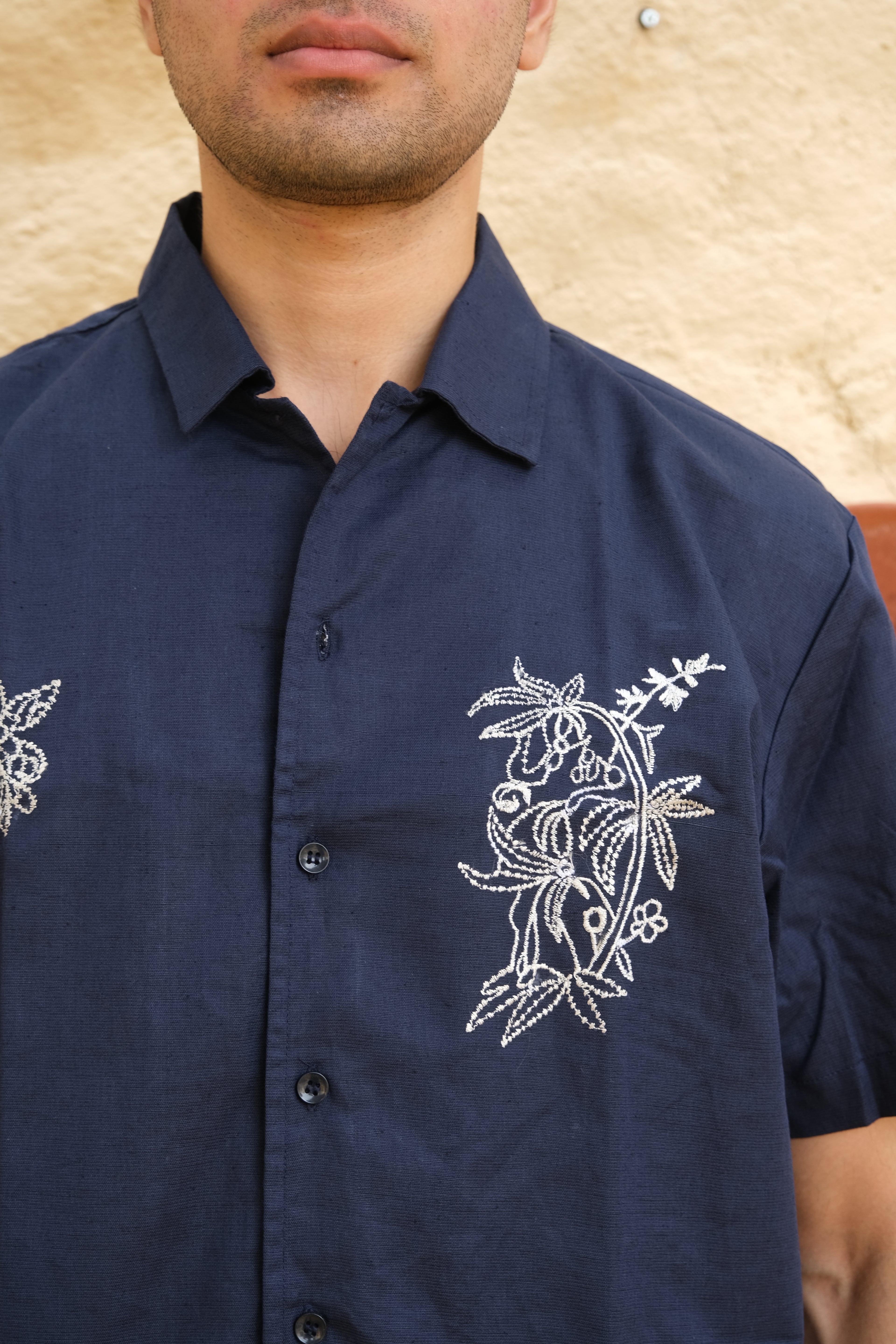 NAVY BLUE EMBROIDED LINEN SHIRT