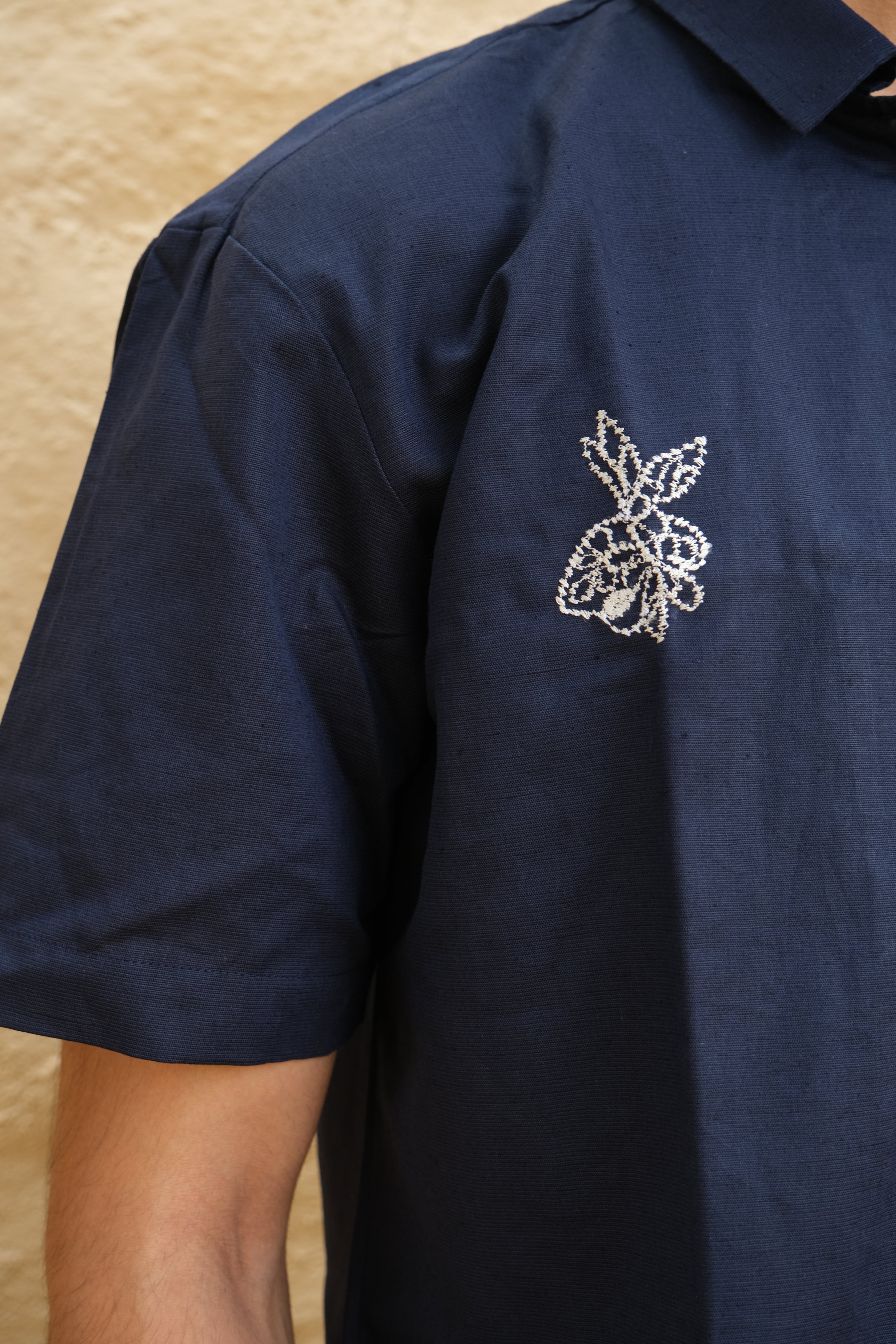 NAVY BLUE EMBROIDED LINEN SHIRT