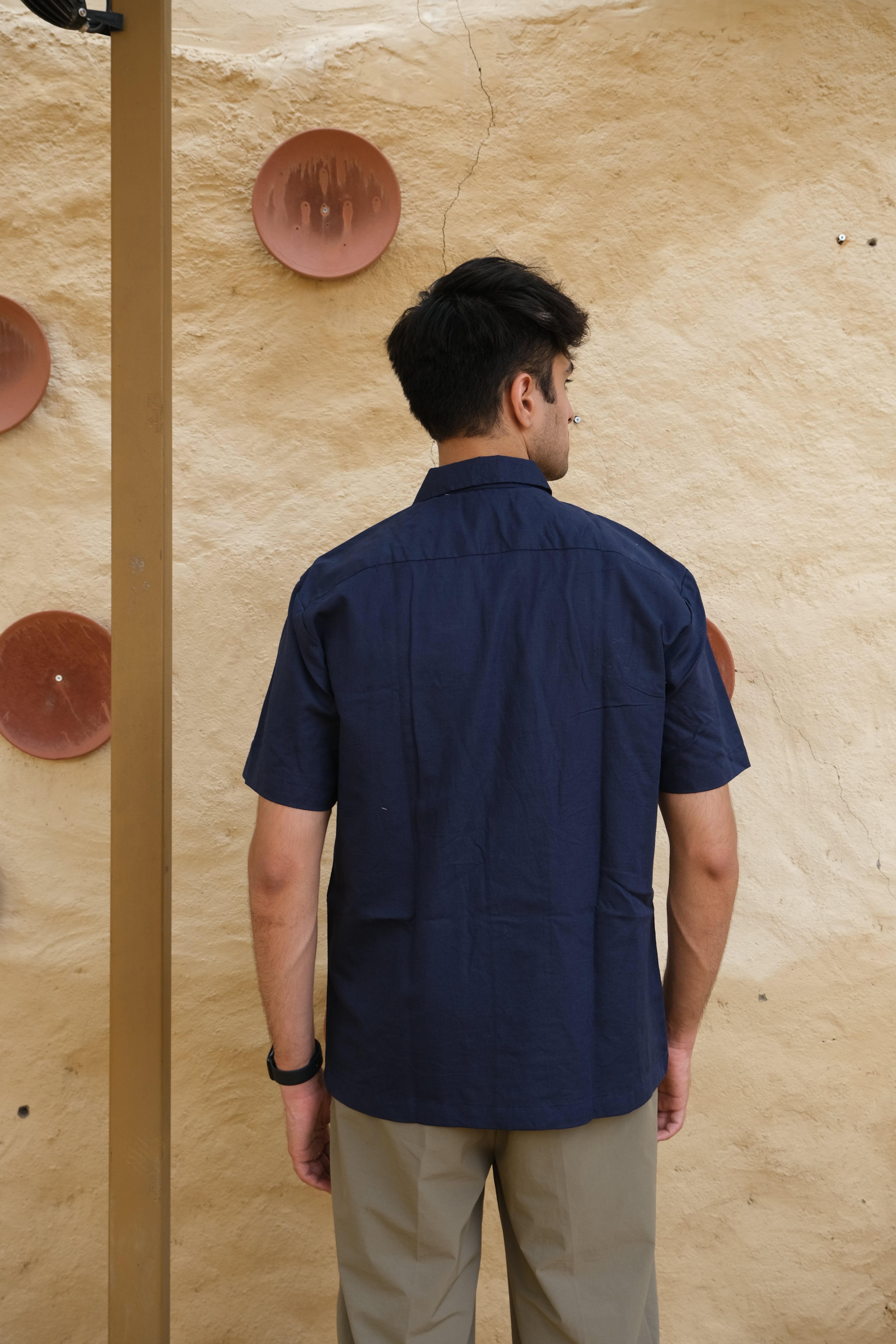 NAVY BLUE EMBROIDED LINEN SHIRT