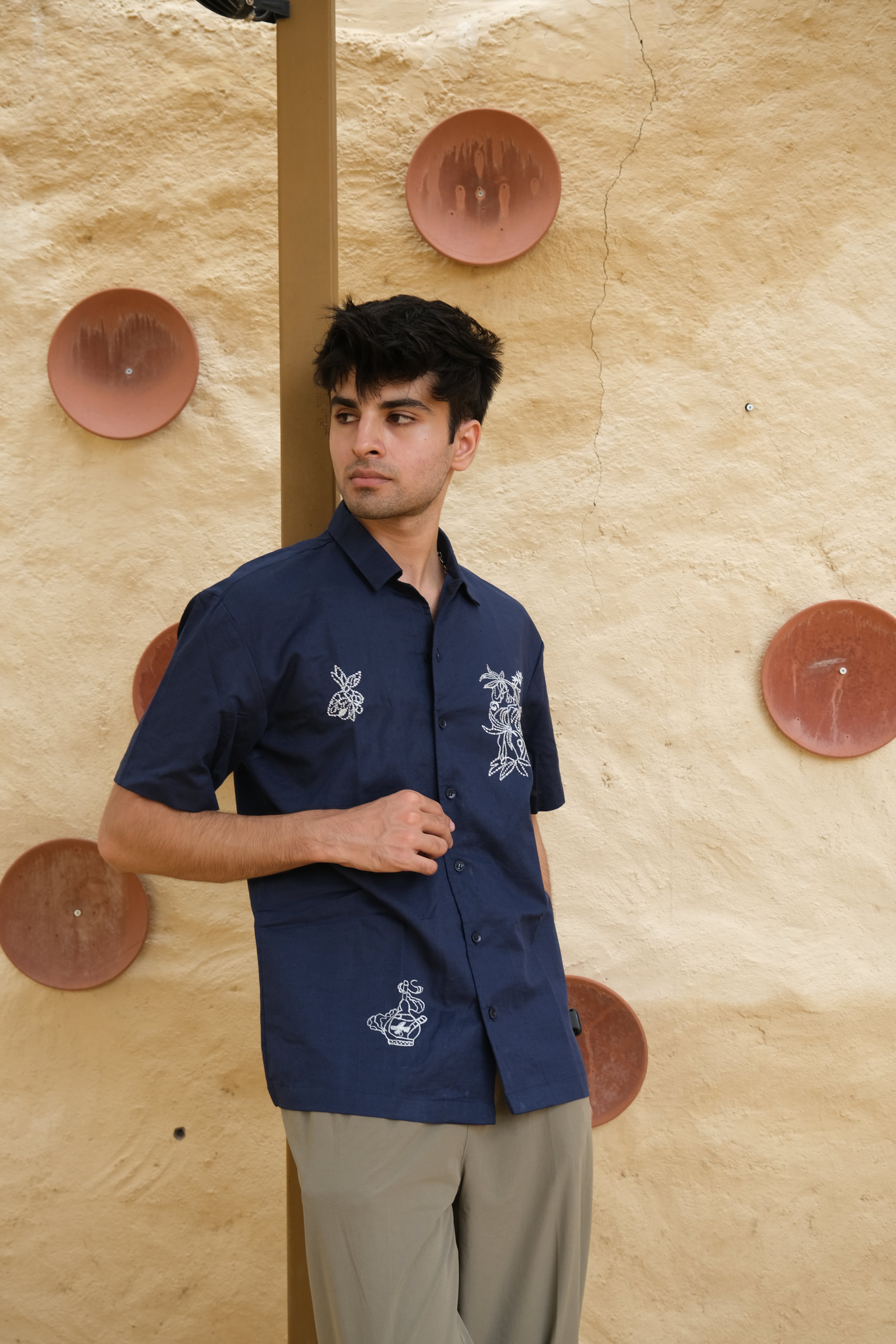 NAVY BLUE EMBROIDED LINEN SHIRT