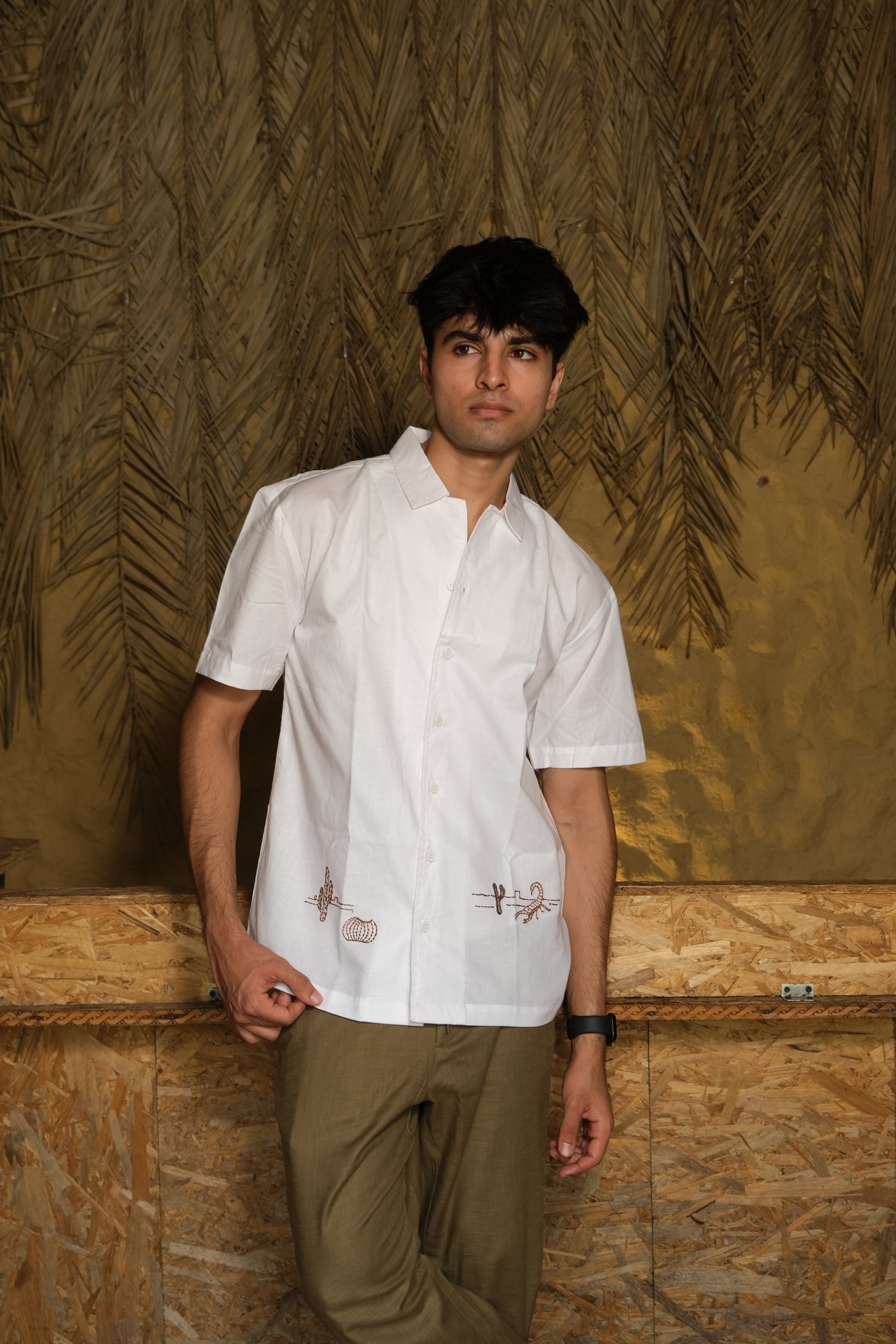 HALF SLEEVES DESERT EMBROIDED LINEN SHIRT