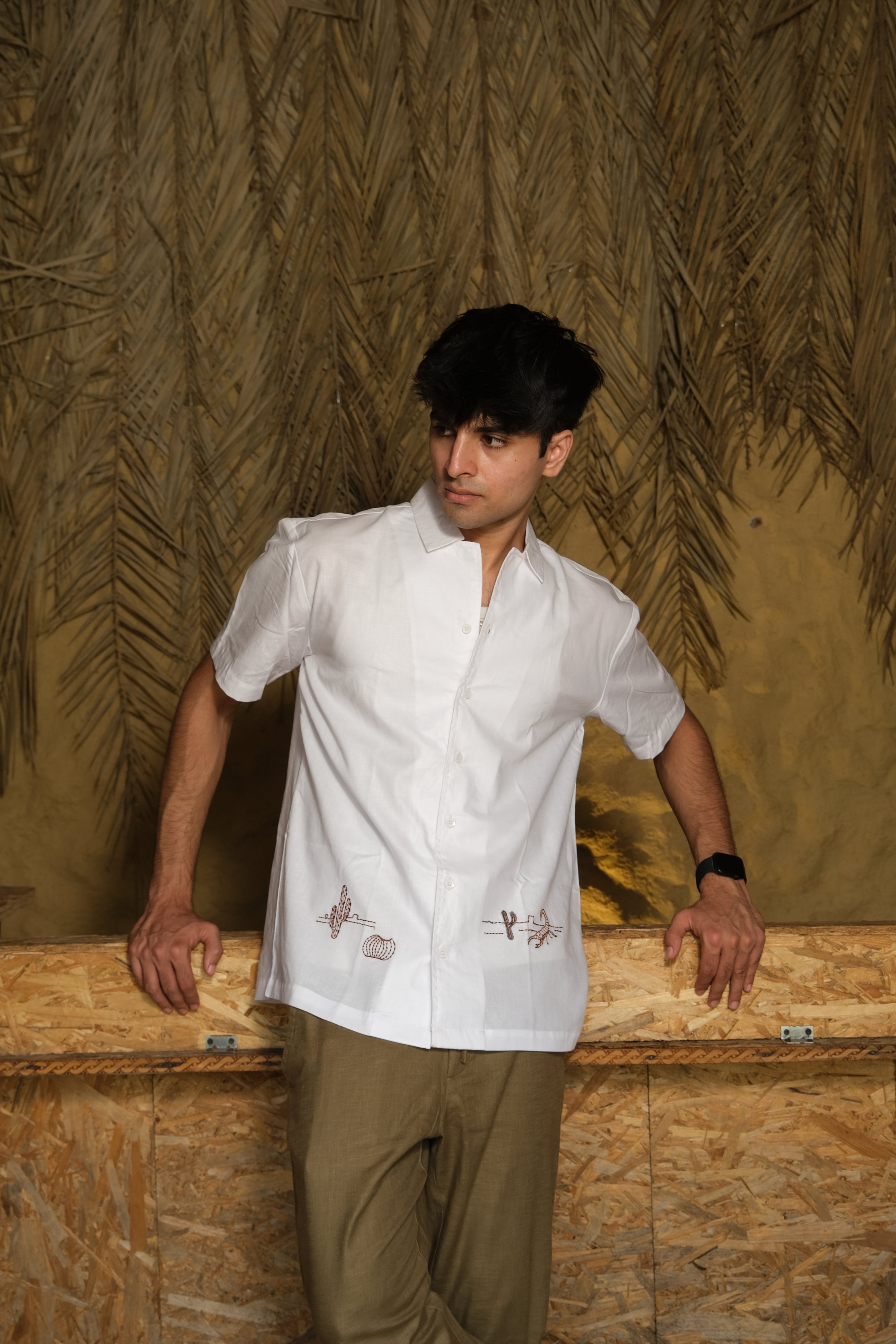 HALF SLEEVES DESERT EMBROIDED LINEN SHIRT