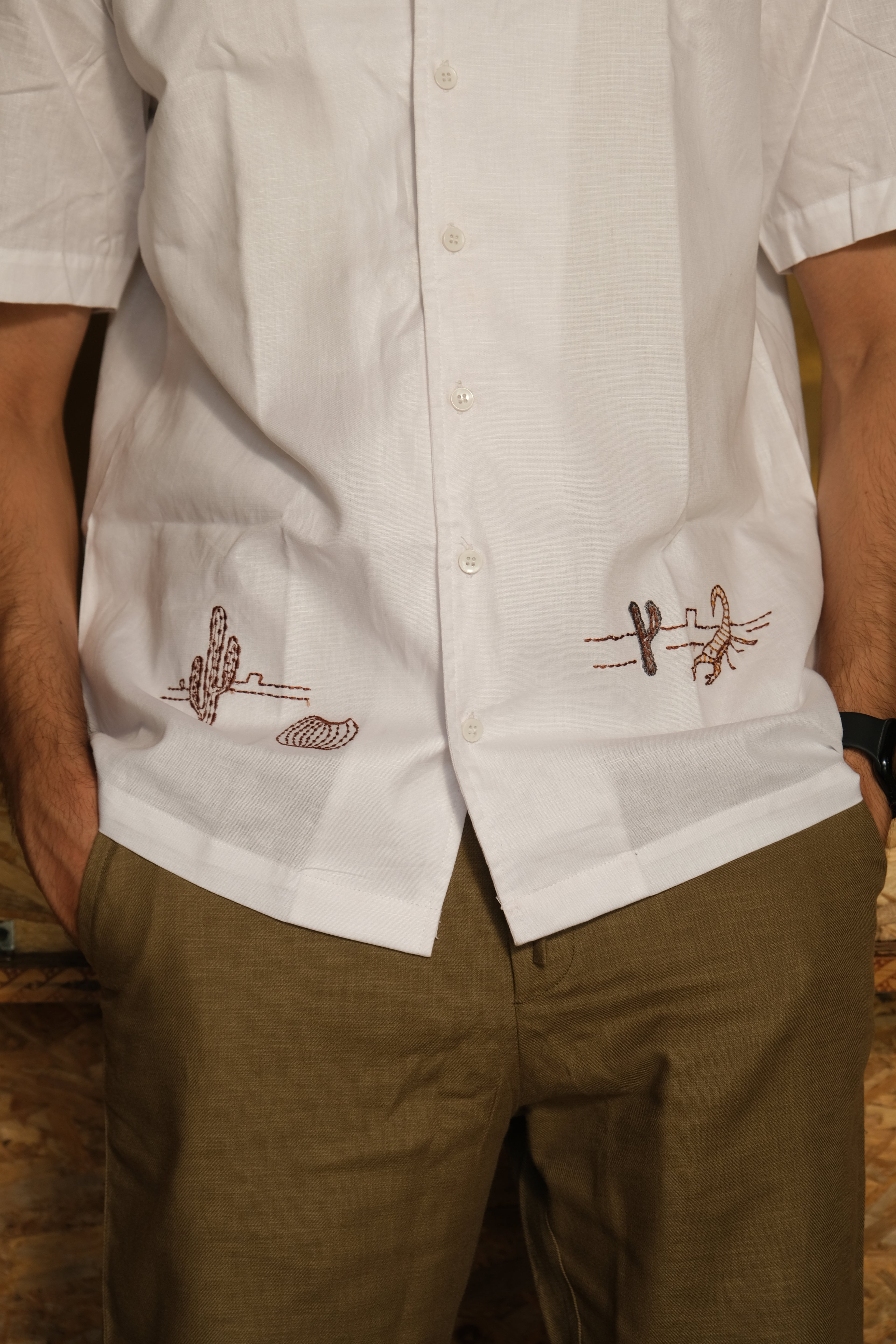 HALF SLEEVES DESERT EMBROIDED LINEN SHIRT