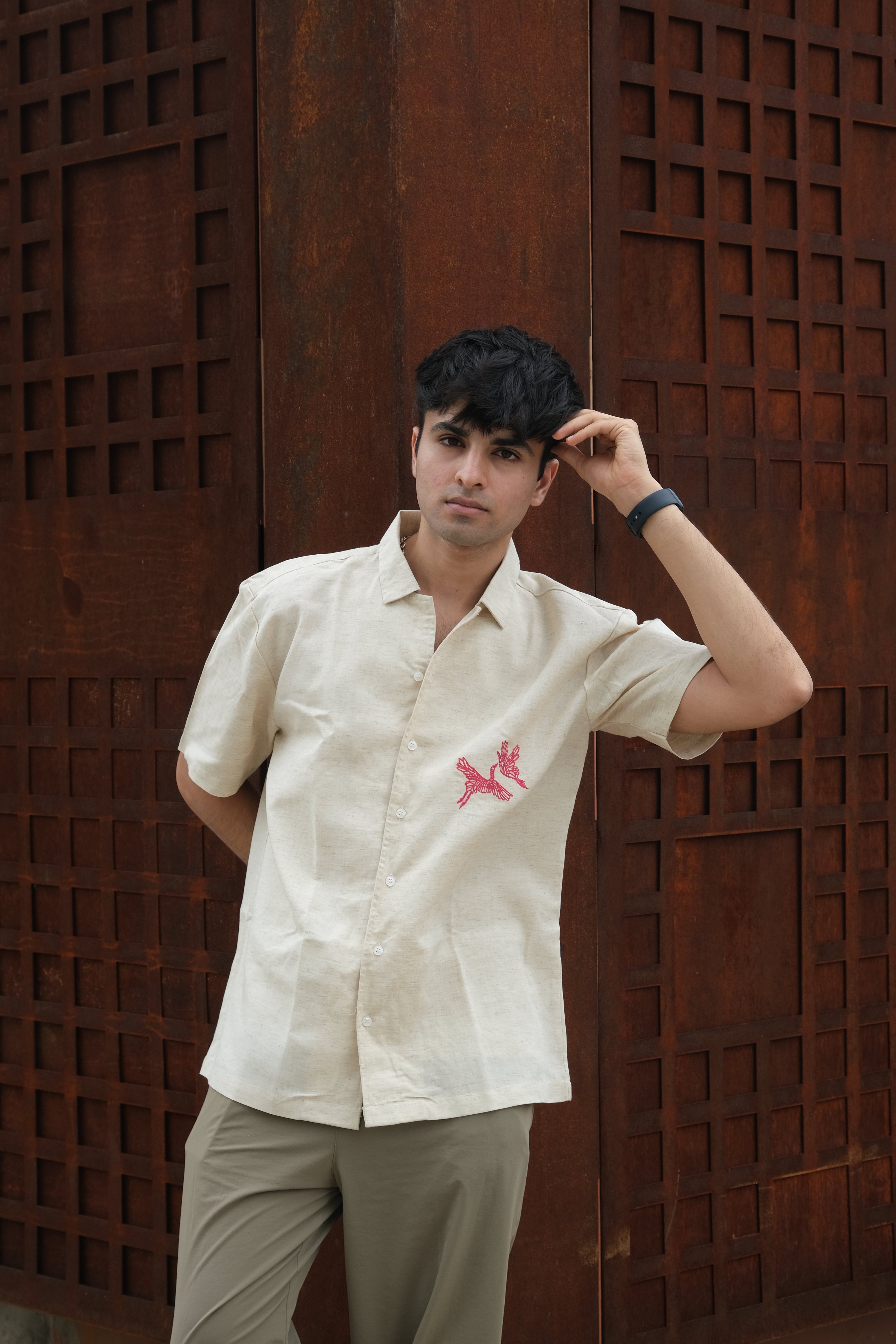 HALF SLEEVES BEIGE MINIMAL EMBROIDED LINEN SHIRT