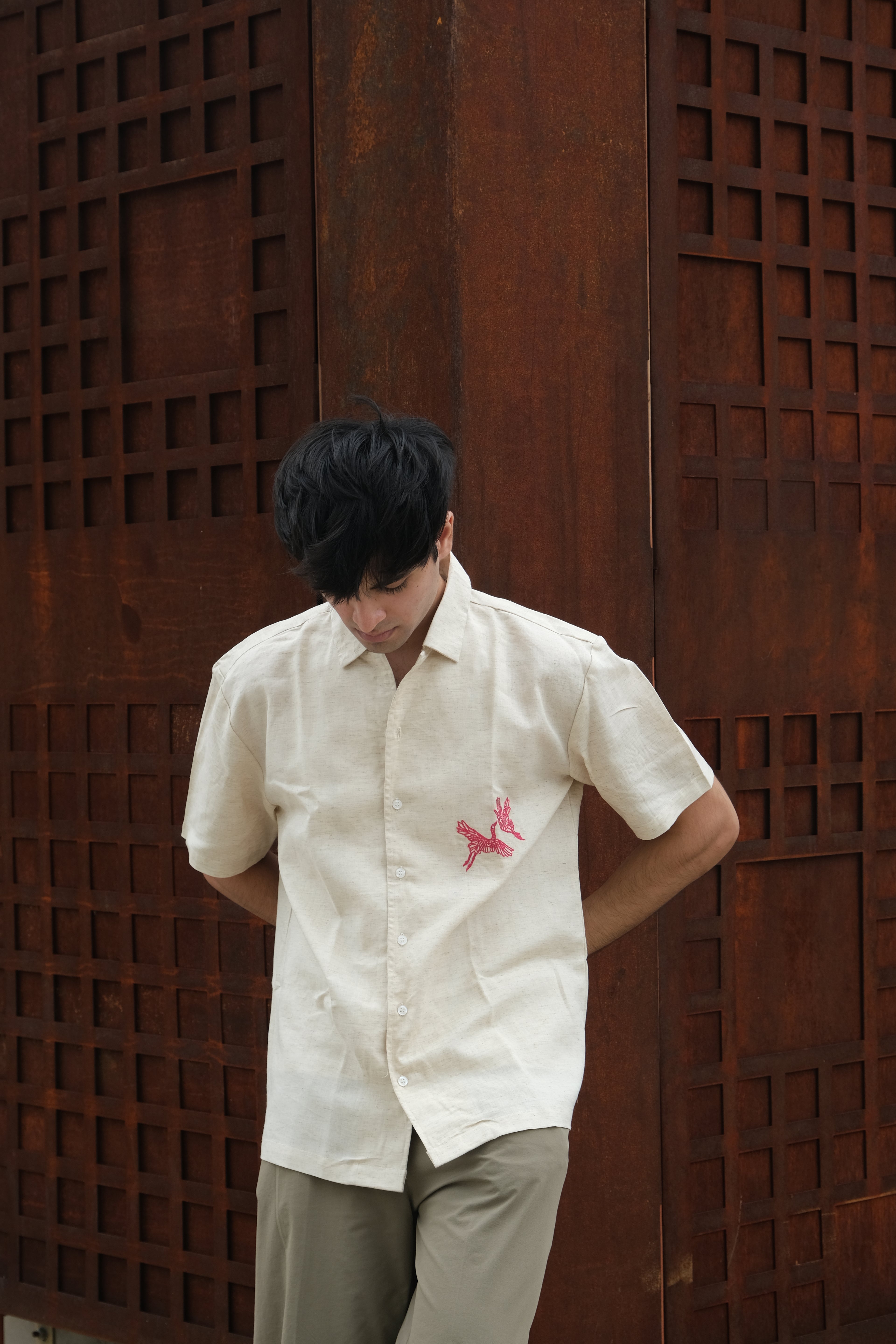 HALF SLEEVES BEIGE MINIMAL EMBROIDED LINEN SHIRT