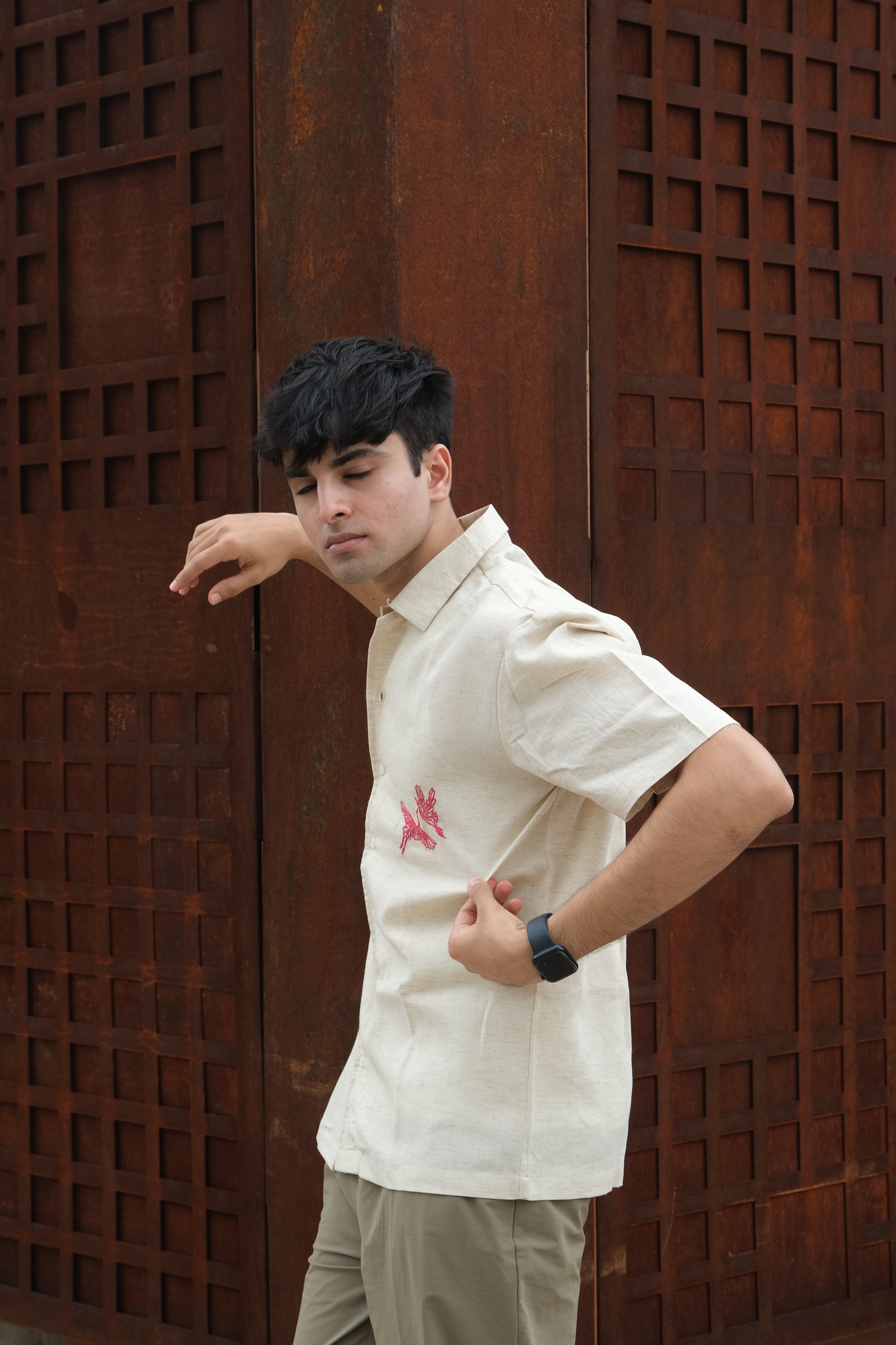 HALF SLEEVES BEIGE MINIMAL EMBROIDED LINEN SHIRT