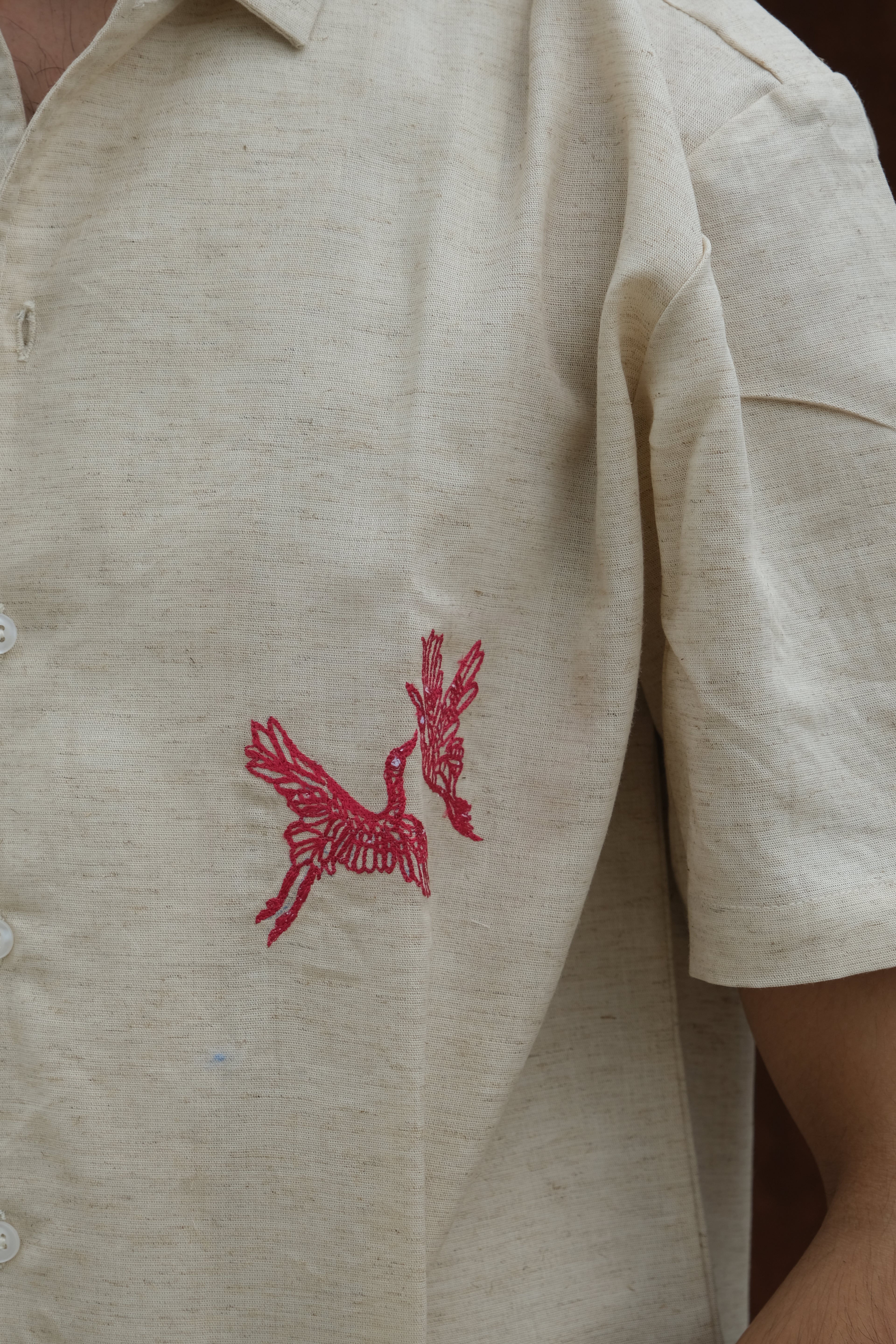 HALF SLEEVES BEIGE MINIMAL EMBROIDED LINEN SHIRT