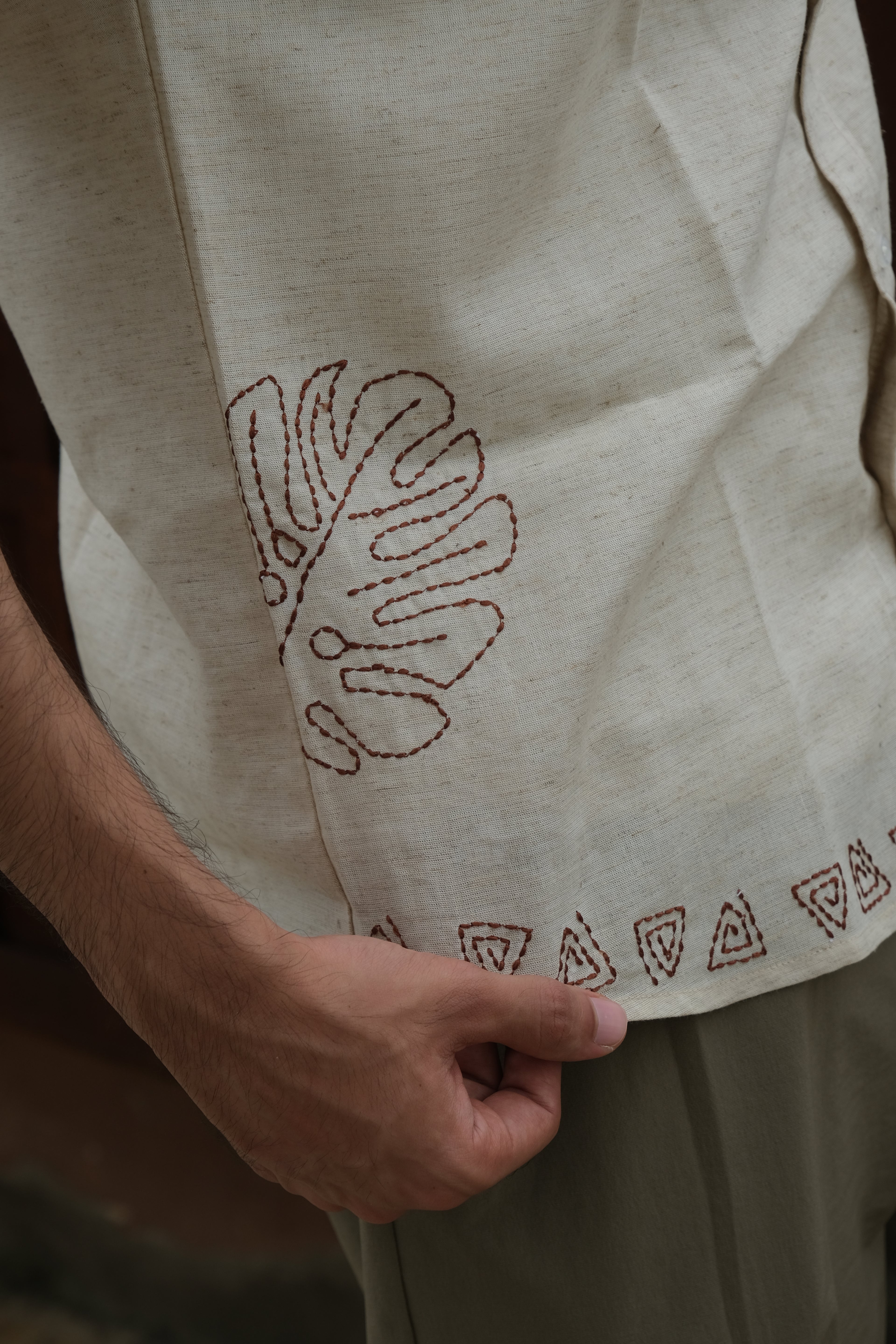 BEIGE SPIRAL EMBROIDED LINEN SHIRT