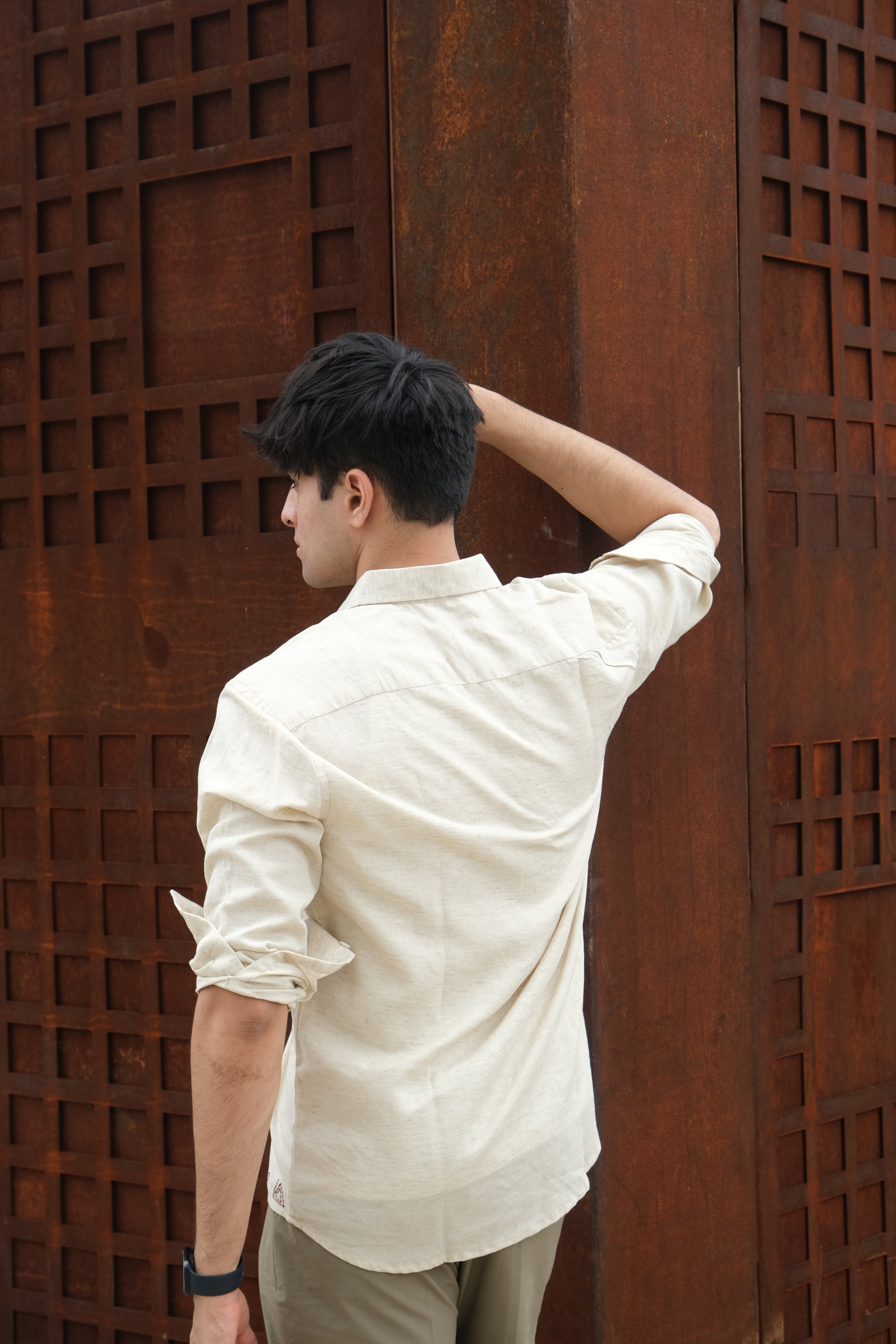 BEIGE SPIRAL EMBROIDED LINEN SHIRT