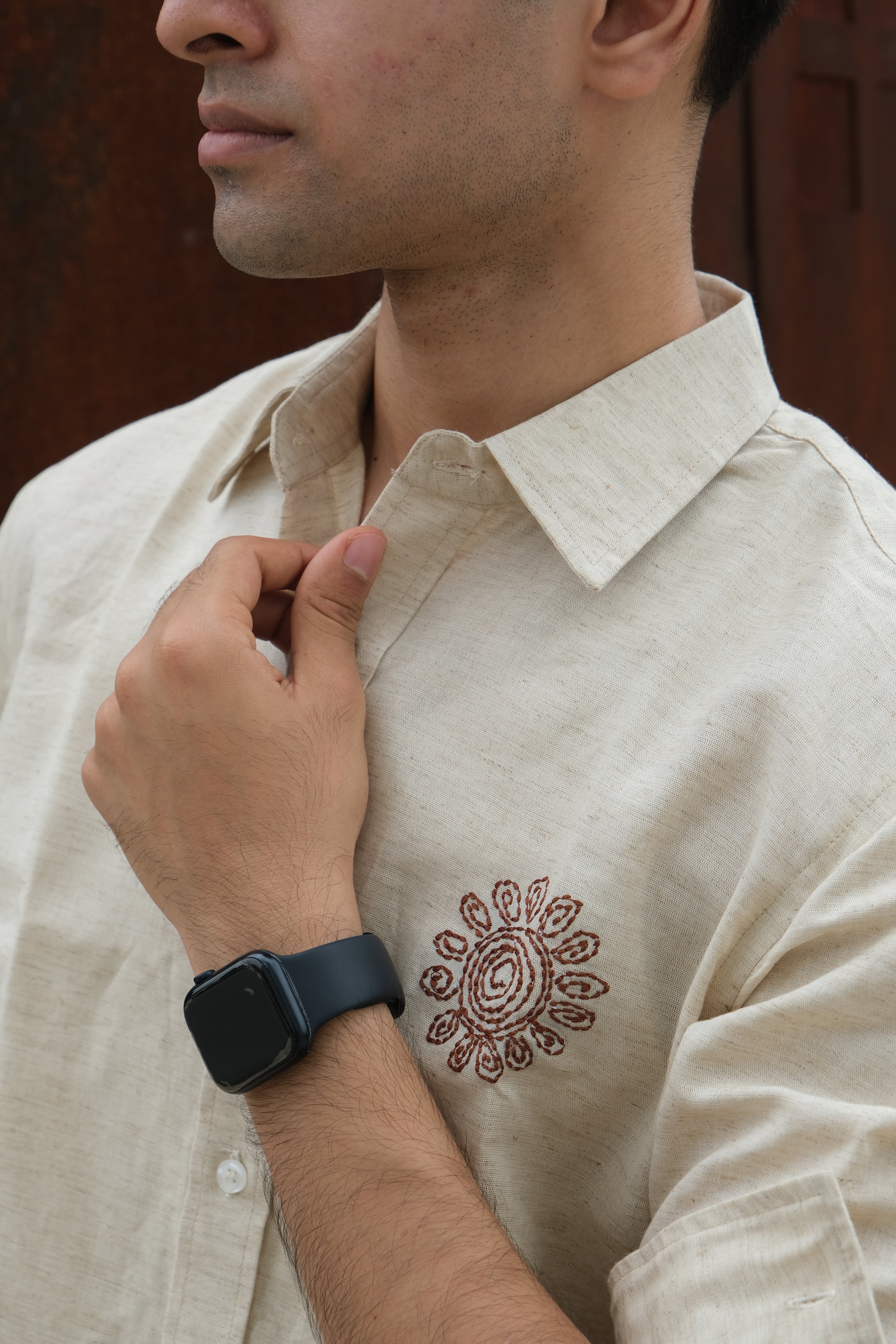 BEIGE SPIRAL EMBROIDED LINEN SHIRT