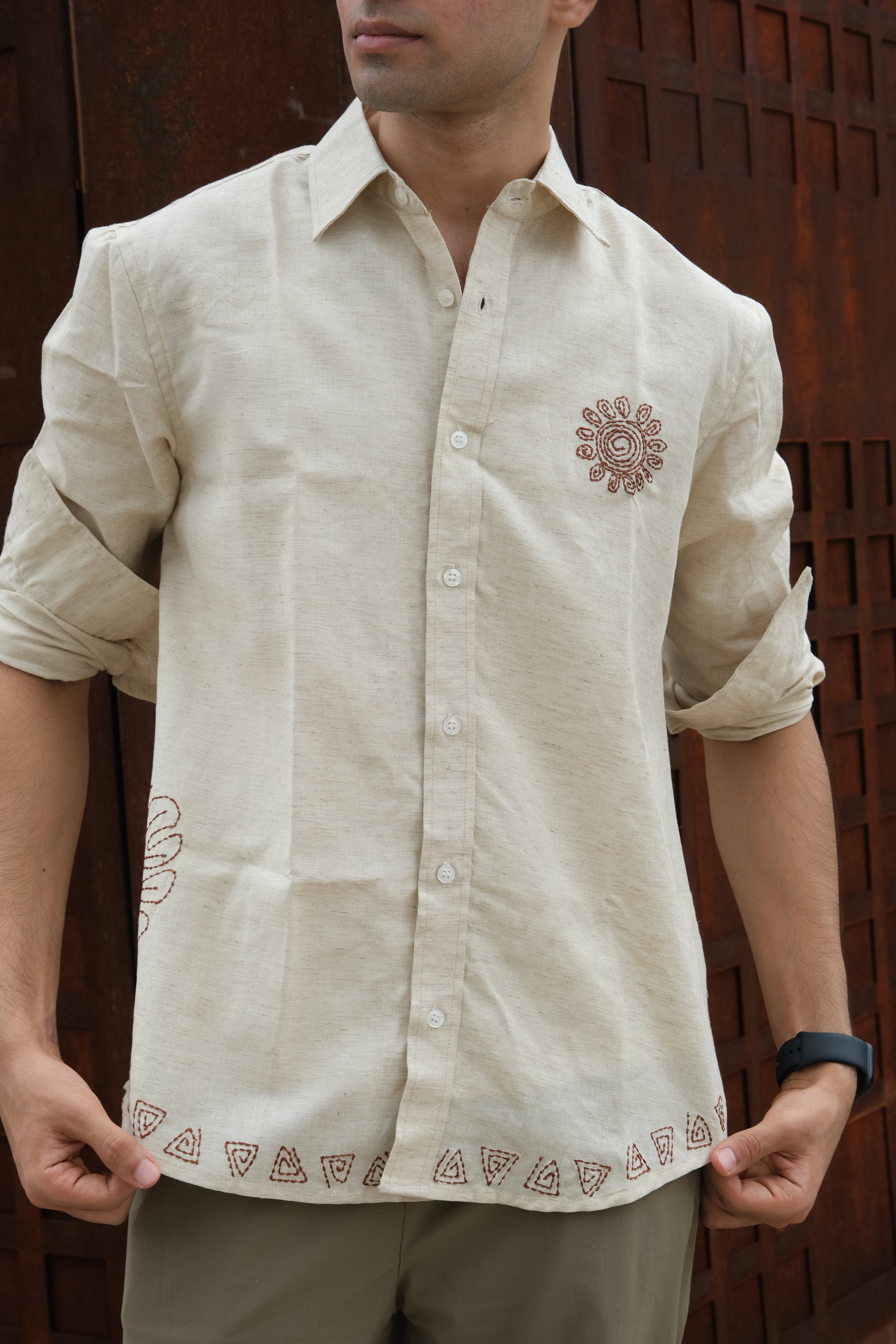 BEIGE SPIRAL EMBROIDED LINEN SHIRT