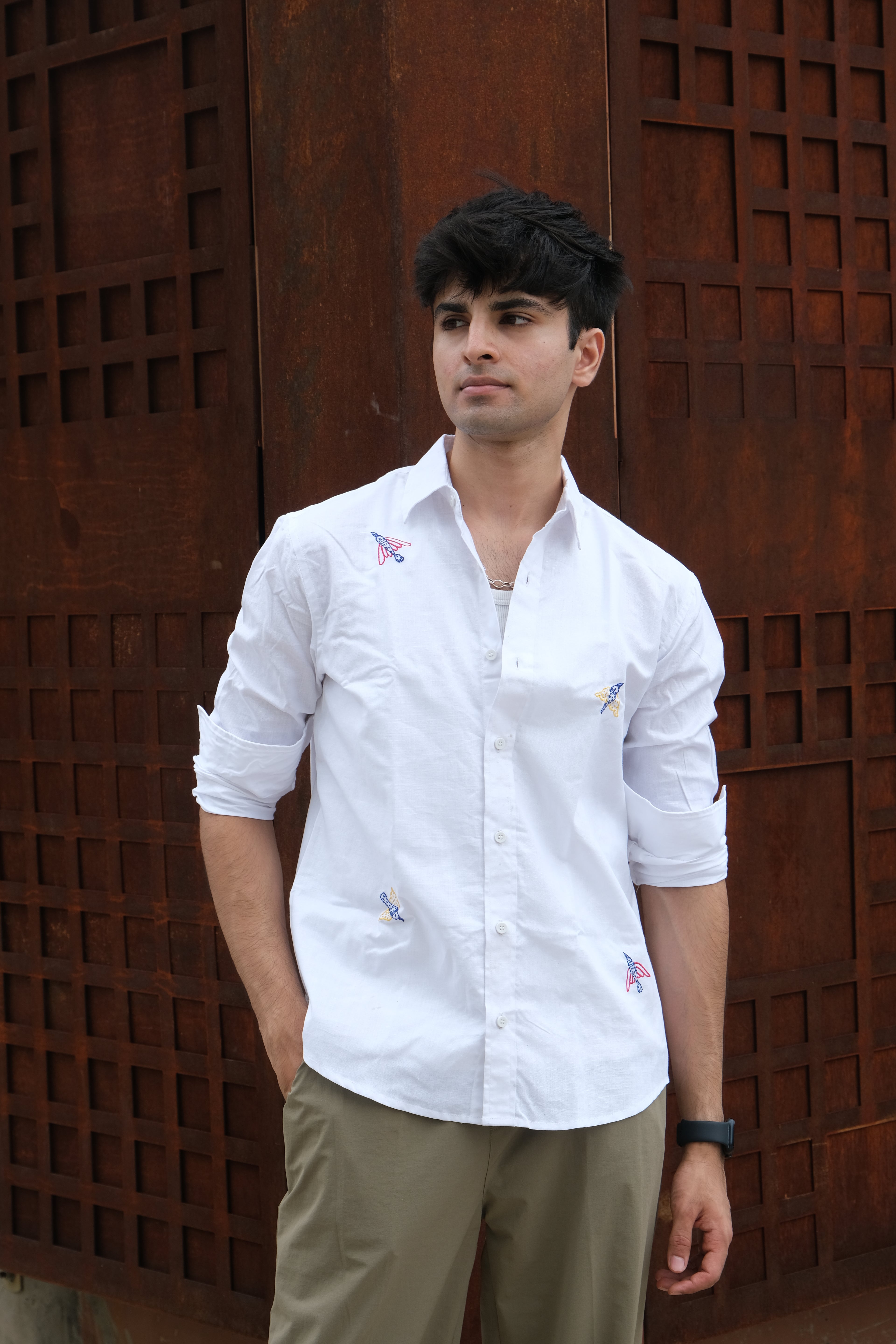 WHITE BIRD LINEN EMBROIDED SHIRT