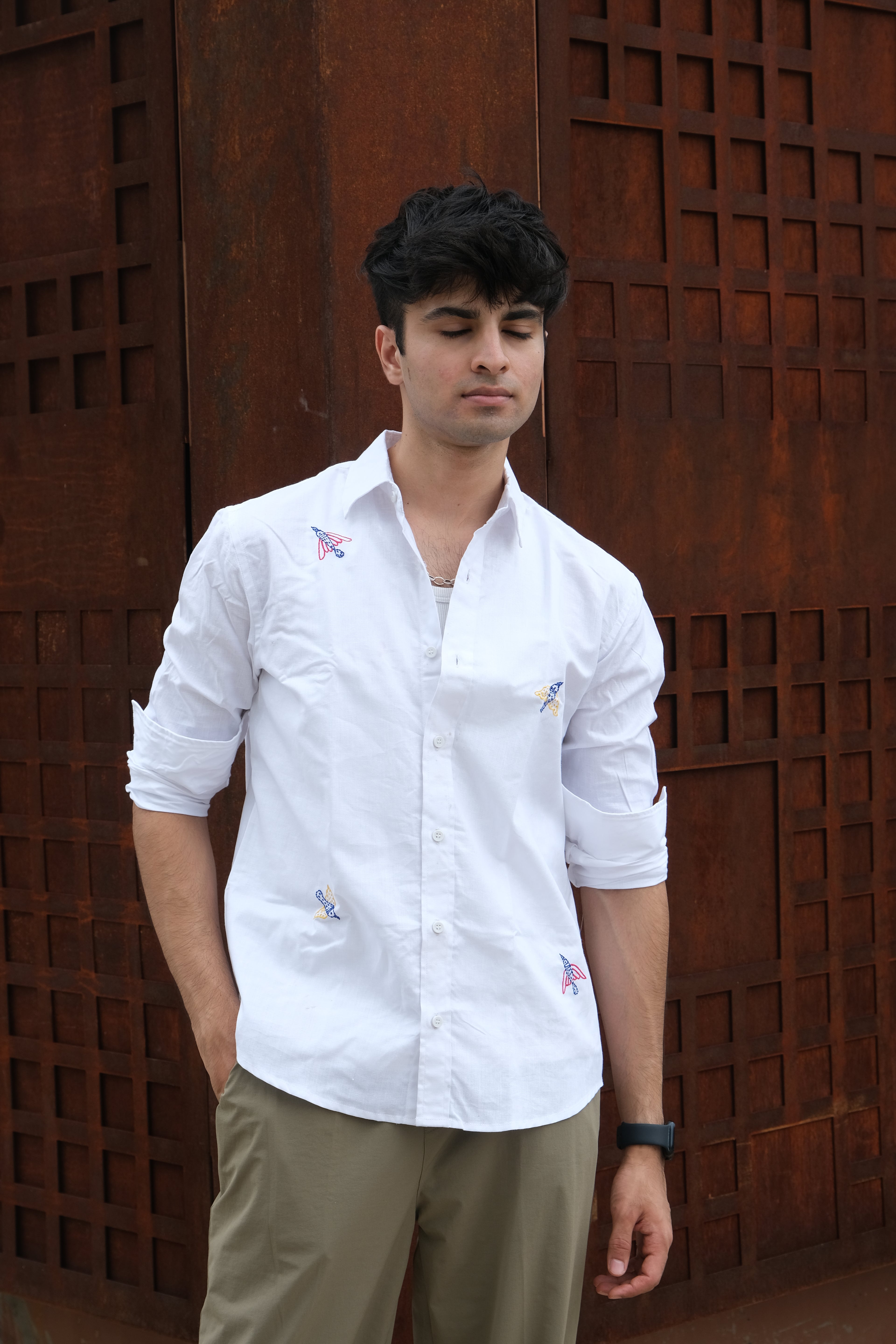 WHITE BIRD LINEN EMBROIDED SHIRT