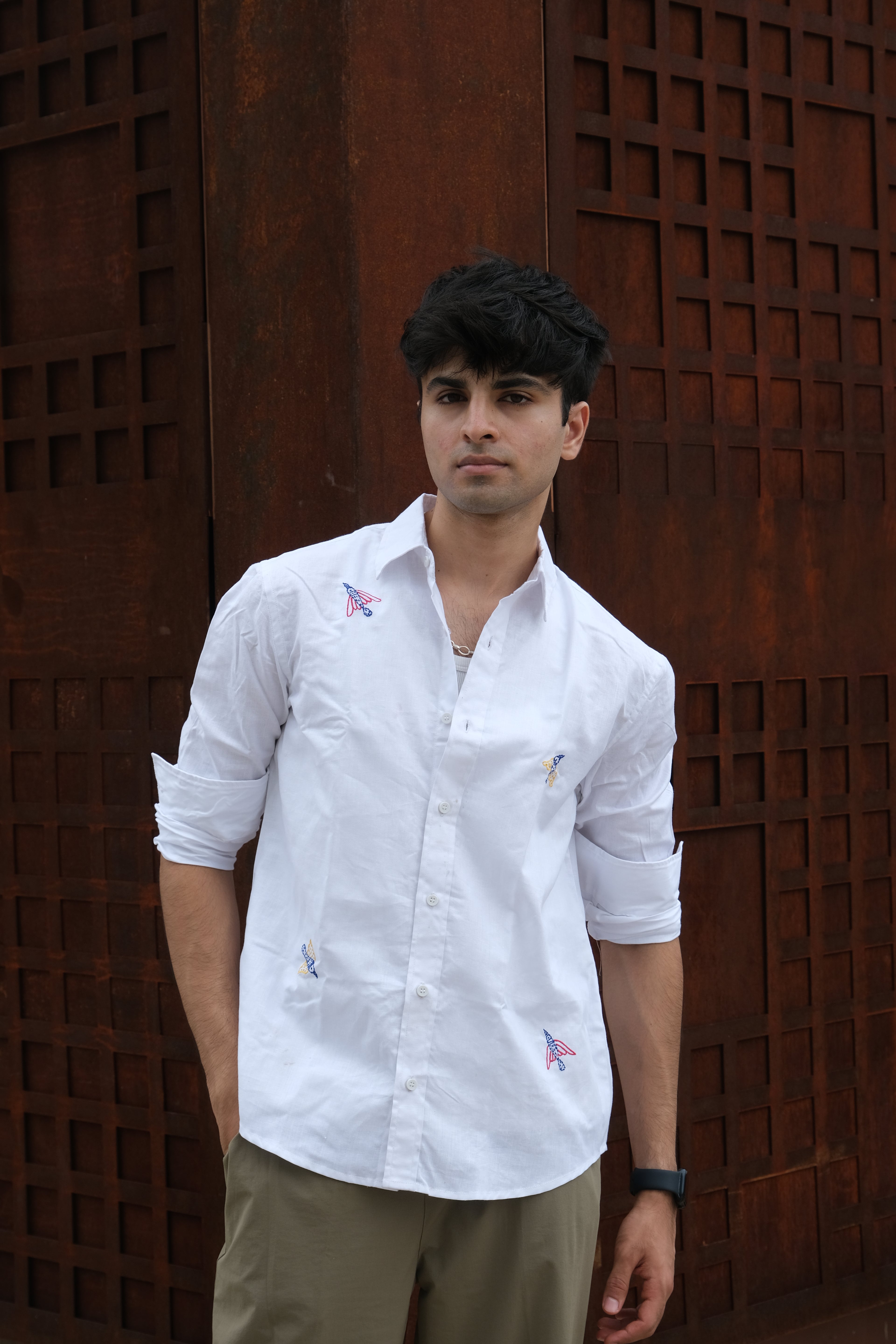 WHITE BIRD LINEN EMBROIDED SHIRT