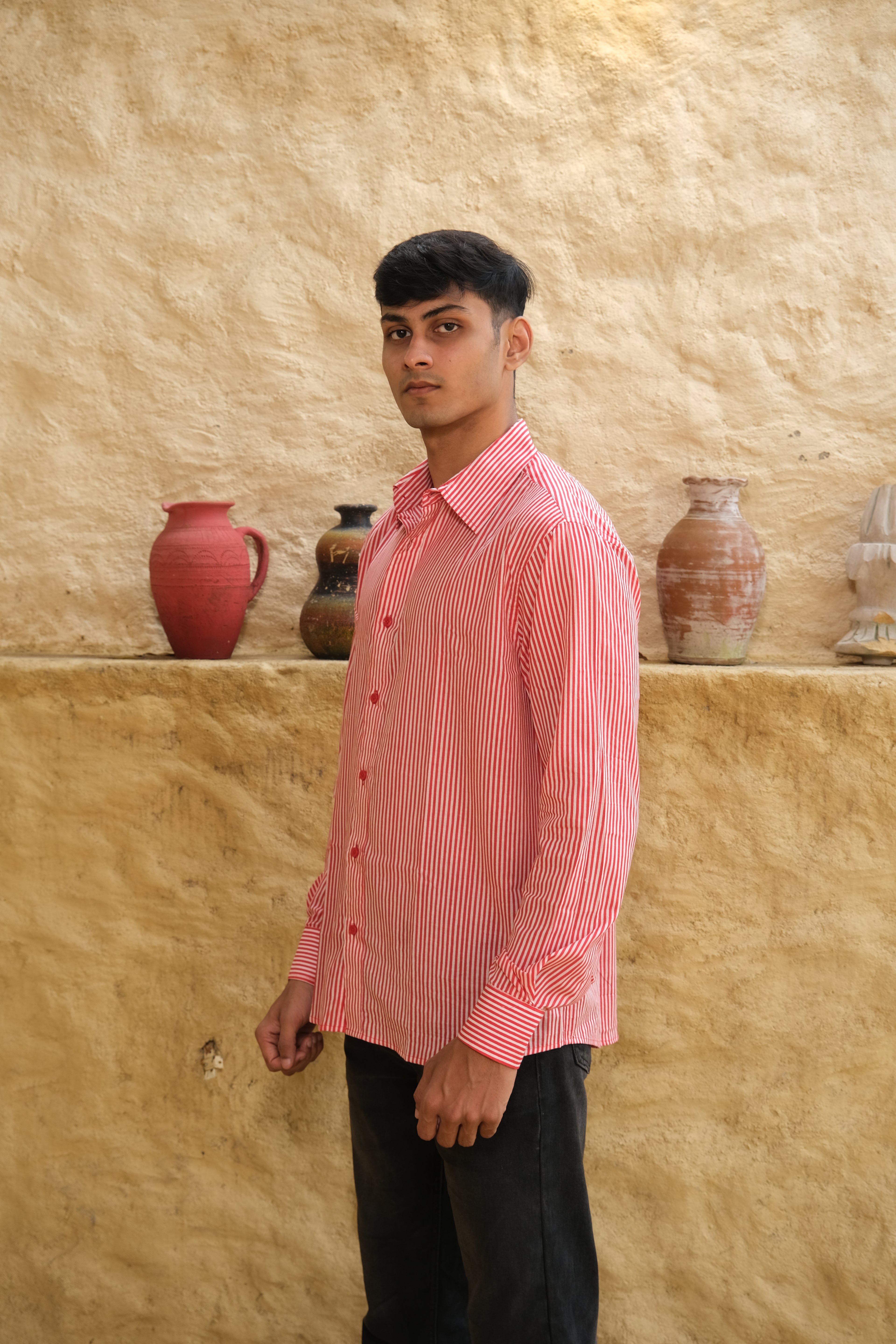 Red Relaxed Fit Striped Shirt – Flowy Cotton - Casual & Everyday Style
