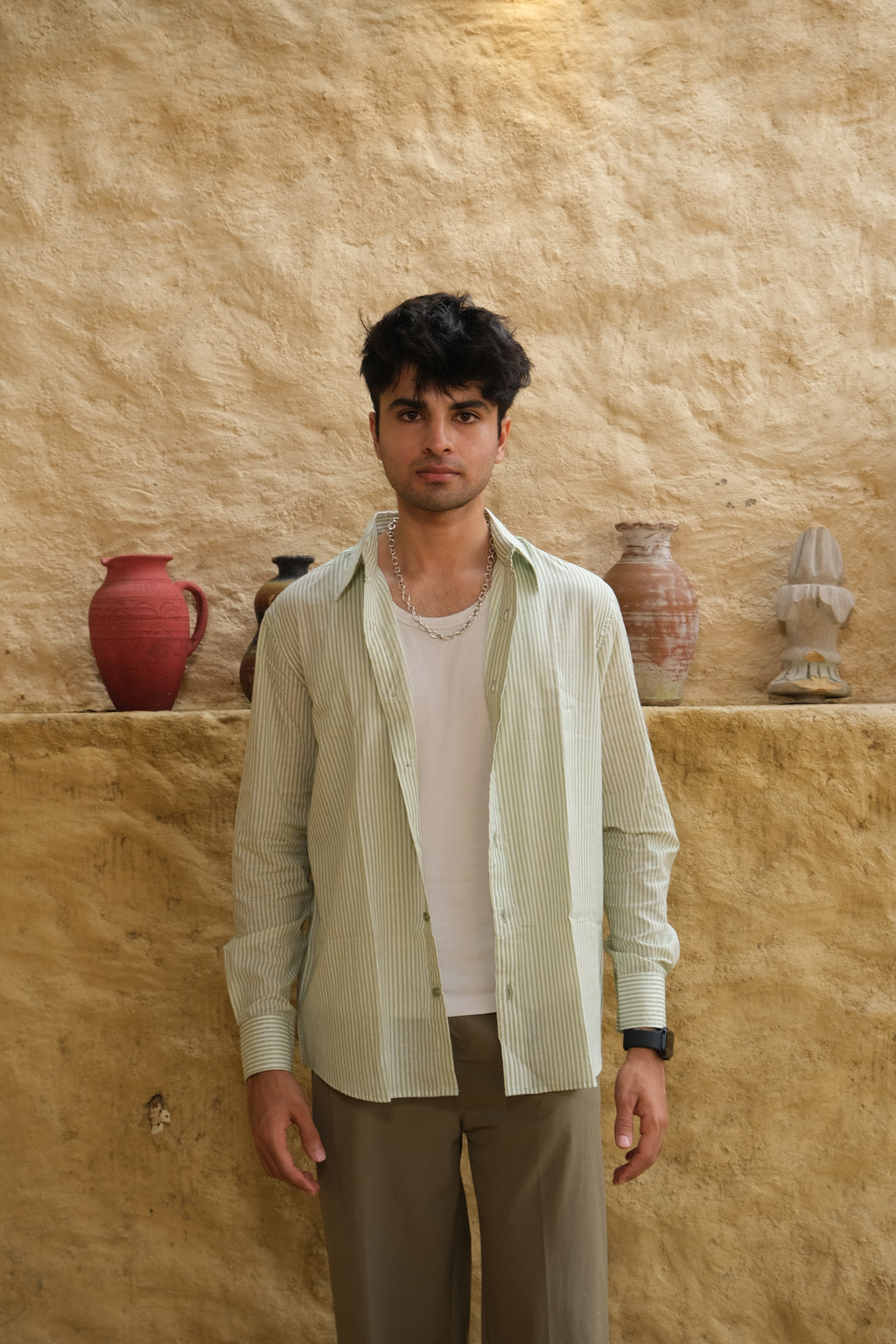 Green Relaxed Fit Striped Shirt – Flowy Cotton - Casual & Everyday Style