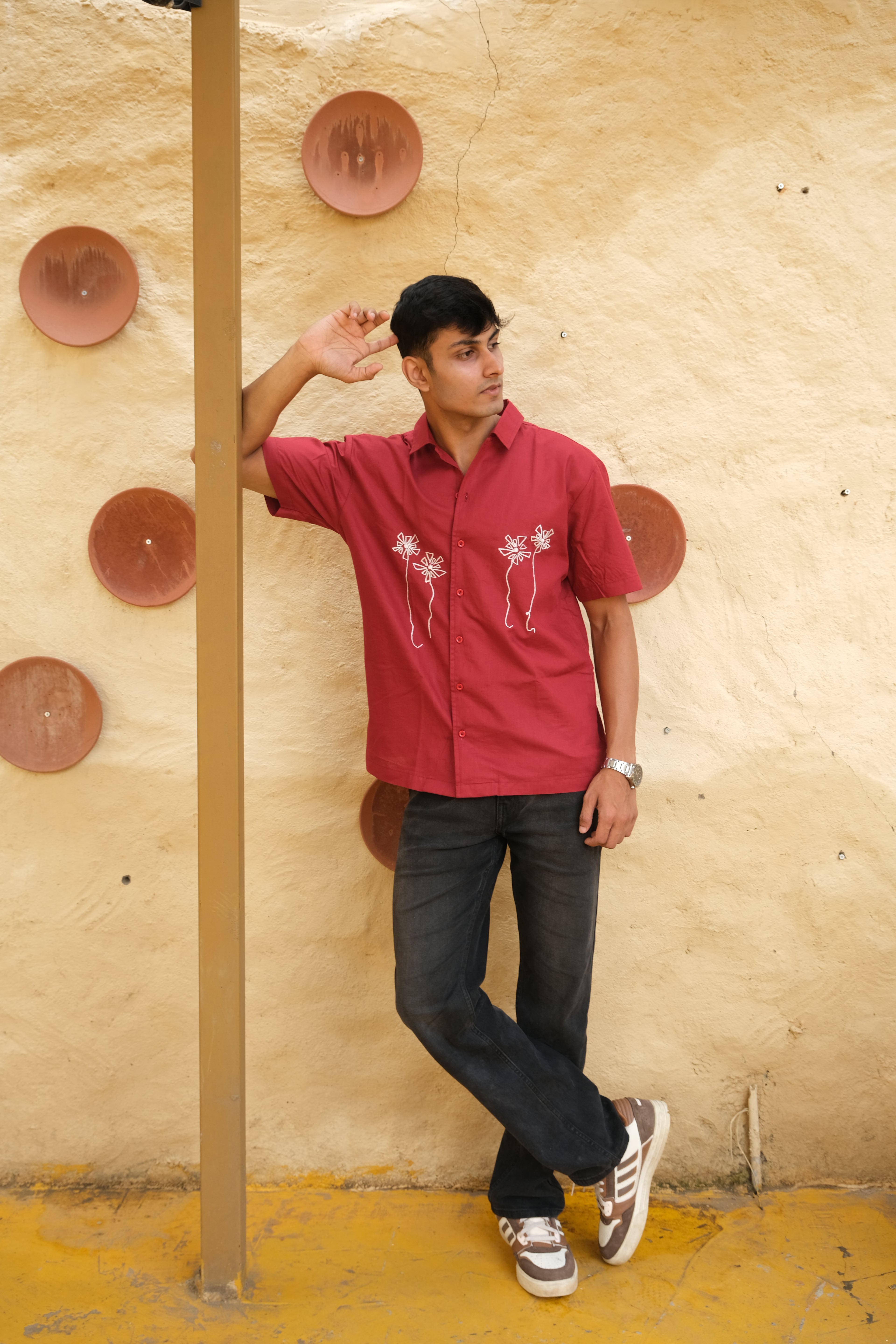 RED HALF SLEEVES EMBROIDED LINEN SHIRT