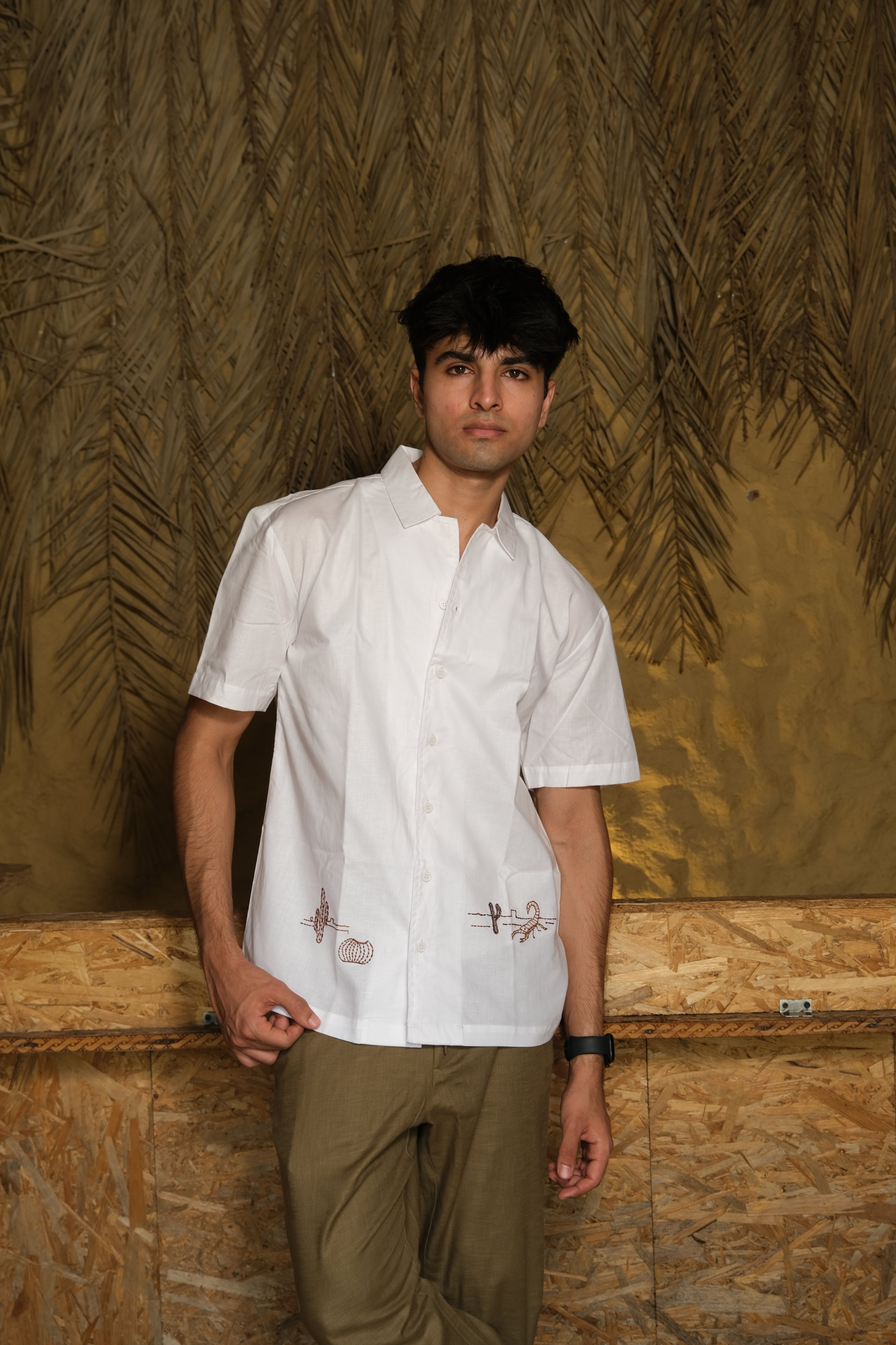 HALF SLEEVES DESERT EMBROIDED LINEN SHIRT