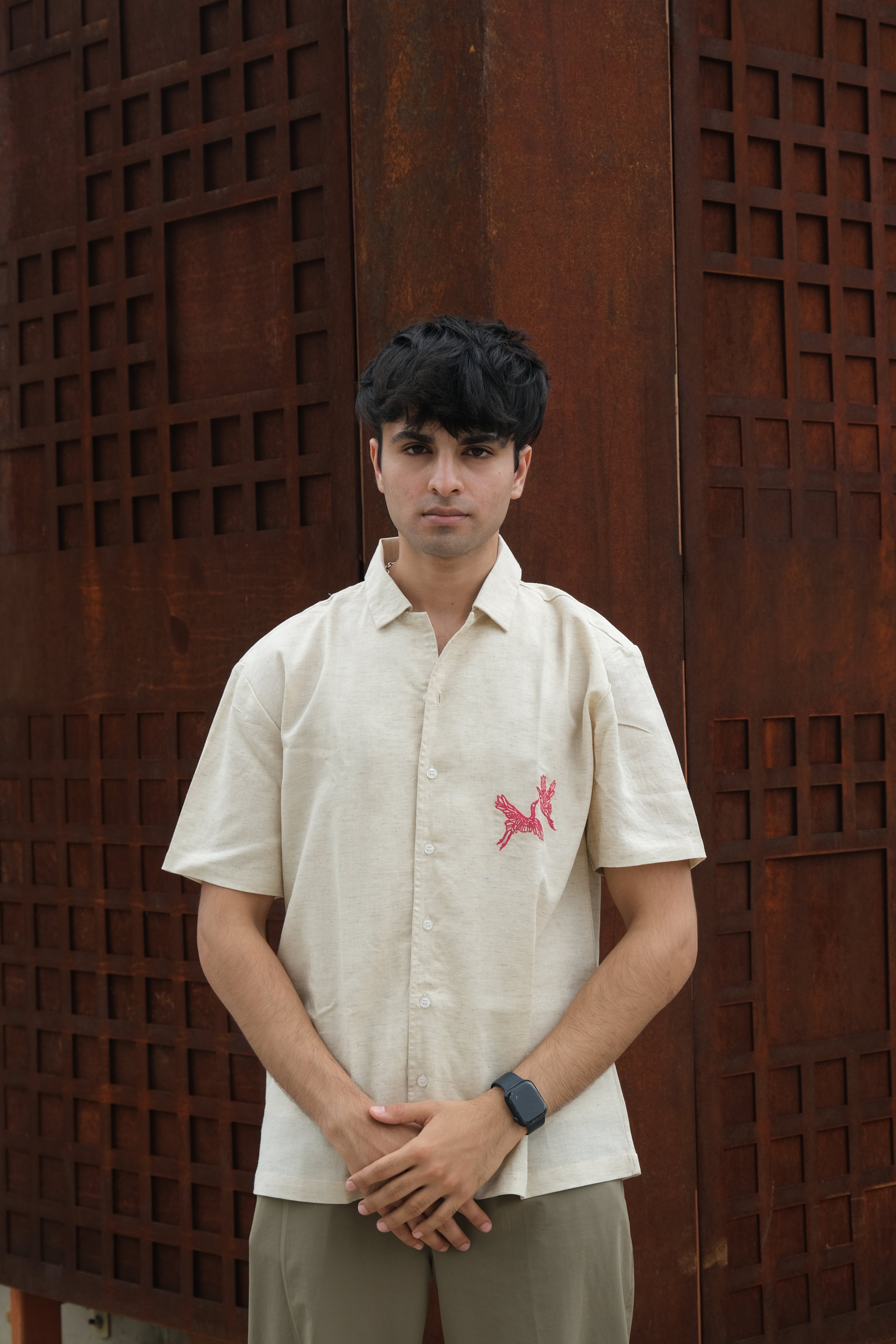 HALF SLEEVES BEIGE MINIMAL EMBROIDED LINEN SHIRT