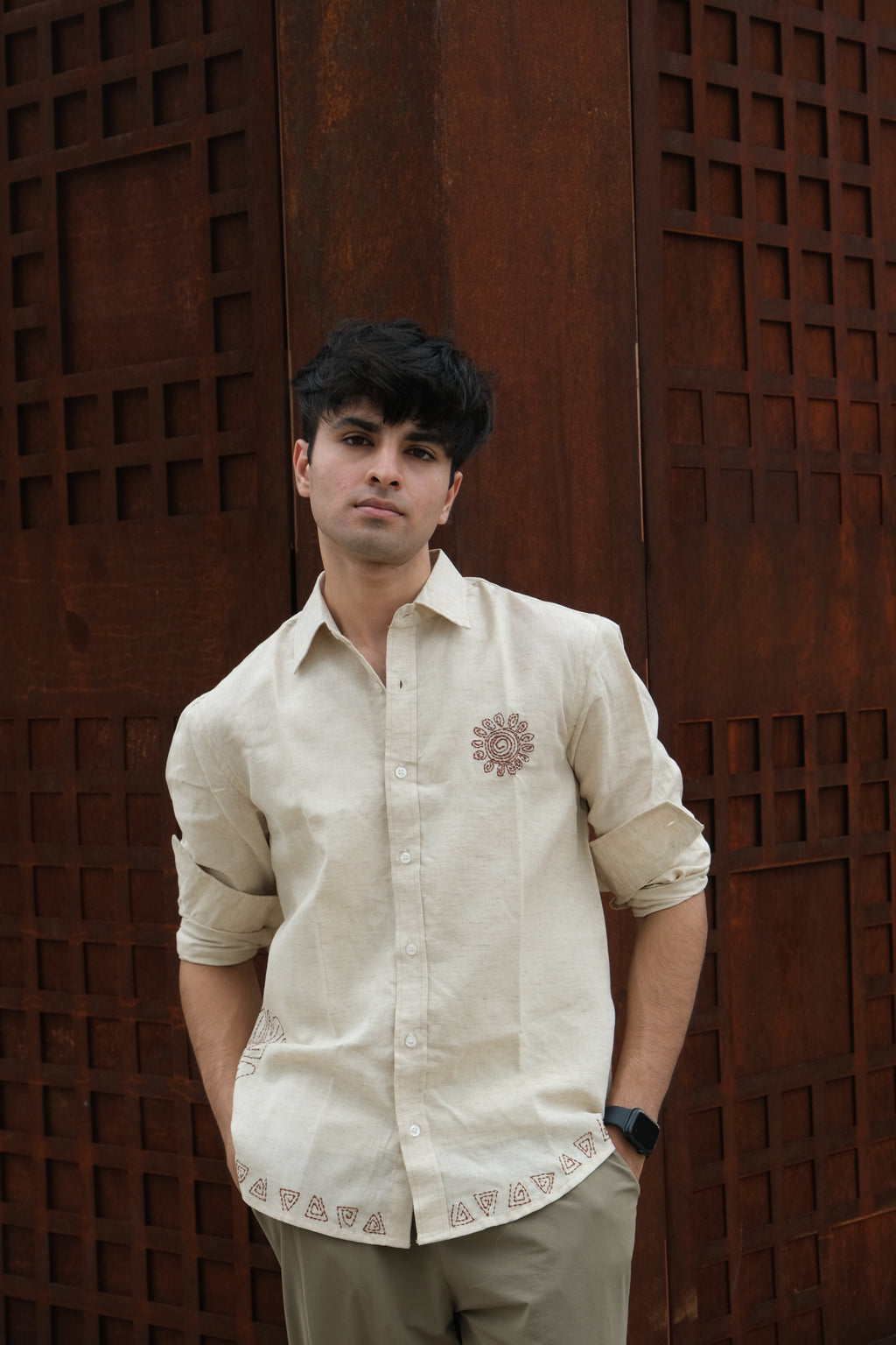 BEIGE SPIRAL EMBROIDED LINEN SHIRT