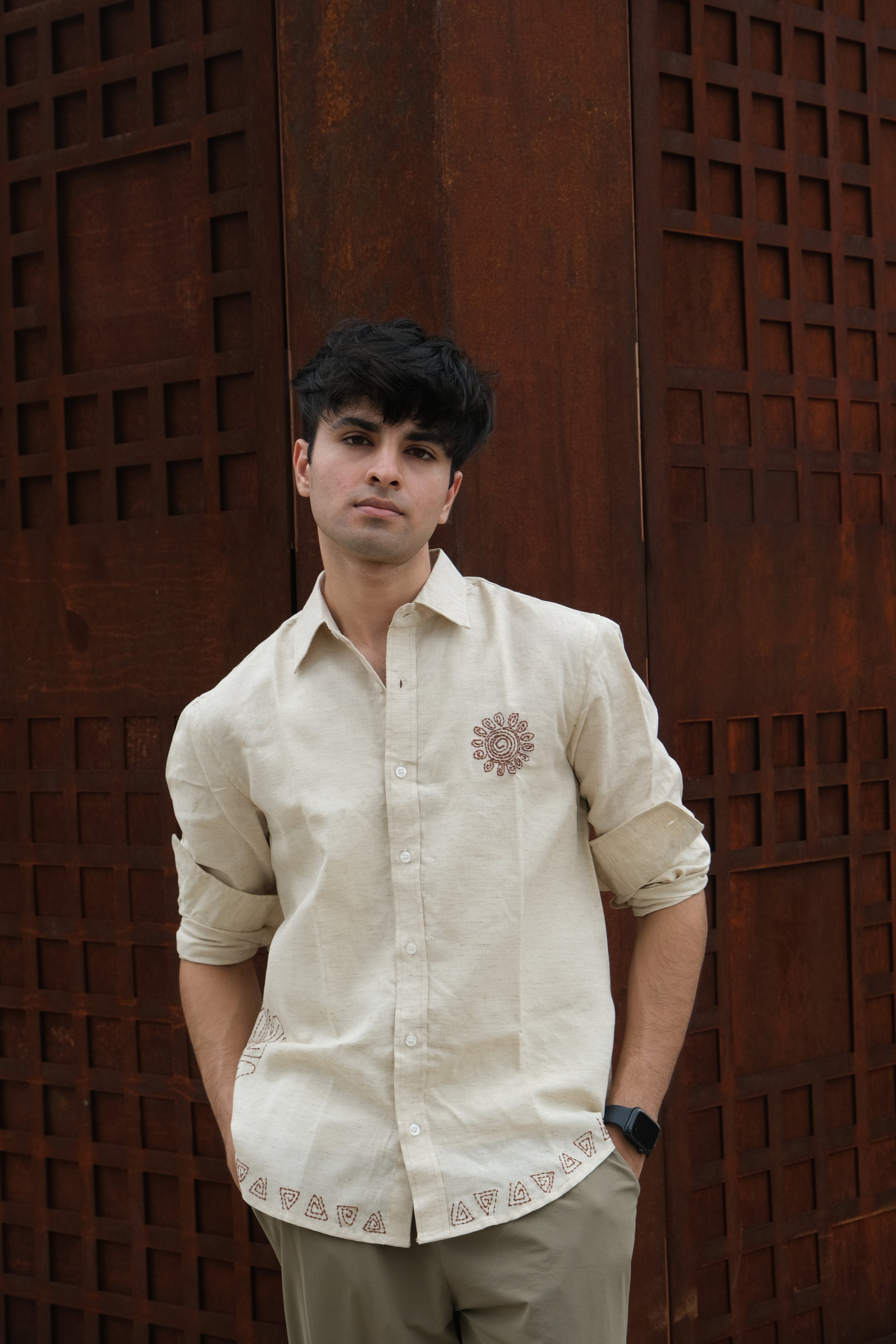 BEIGE SPIRAL EMBROIDED LINEN SHIRT