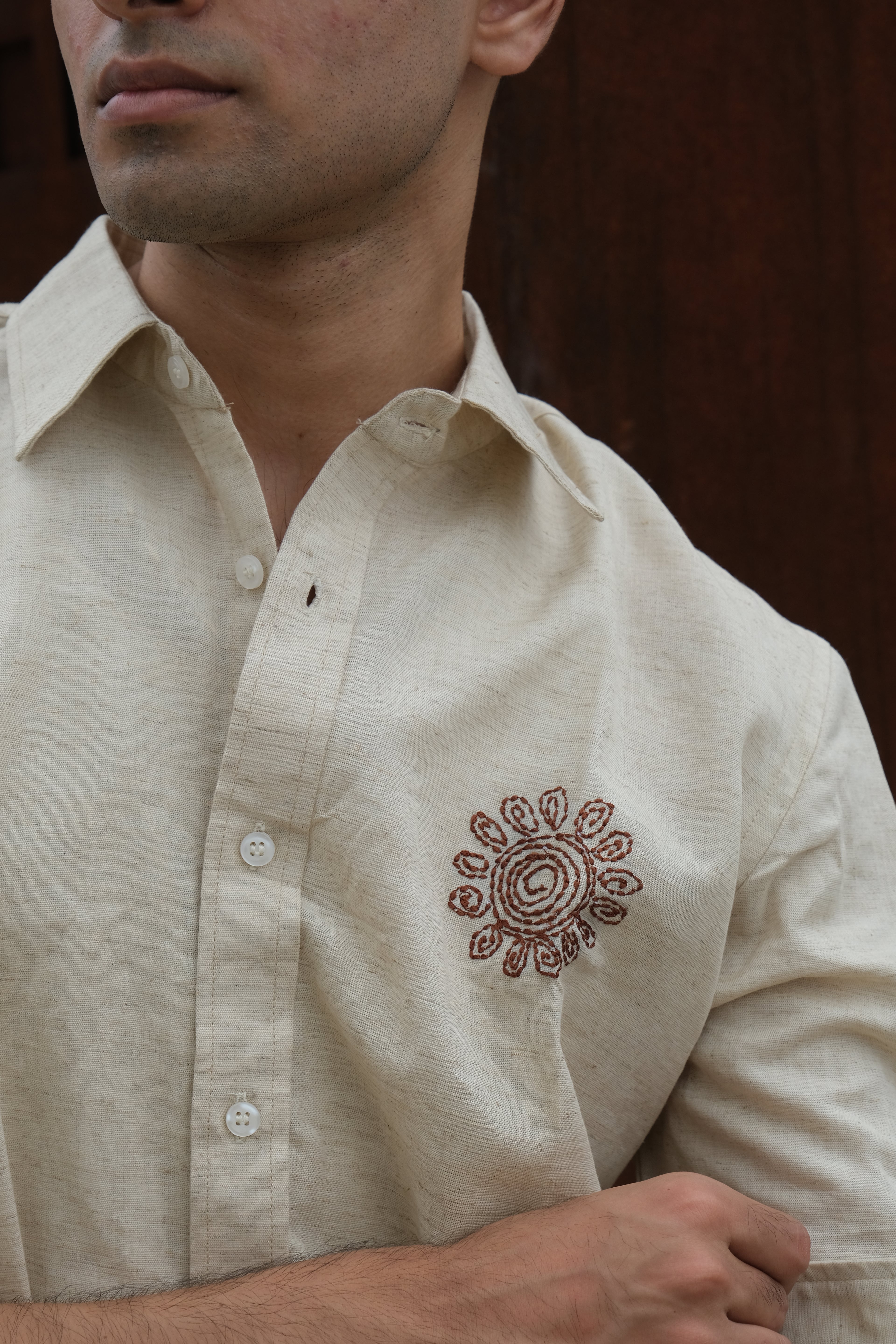 BEIGE SPIRAL EMBROIDED LINEN SHIRT